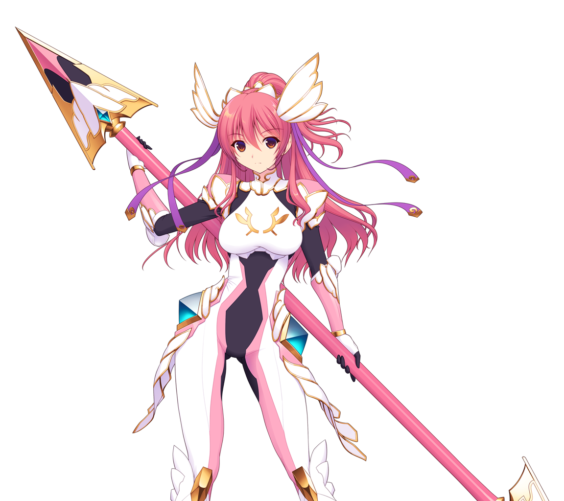 saitou natsuki, suhamaya, en ciel rena, en ciel rena (aegis), tomoe rena, kourin tenshi en ciel rena, game cg, large variant set, non-web source, official art, variant set, 1girl, armor, bodysuit, breasts, contrapposto, expressionless, gloves, hair ornament, hair ribbon, high ponytail, holding, holding weapon, long hair, looking at viewer, magical girl, pink hair, polearm, ponytail, red eyes, ribbon, solo, spear, standing, transparent background, weapon