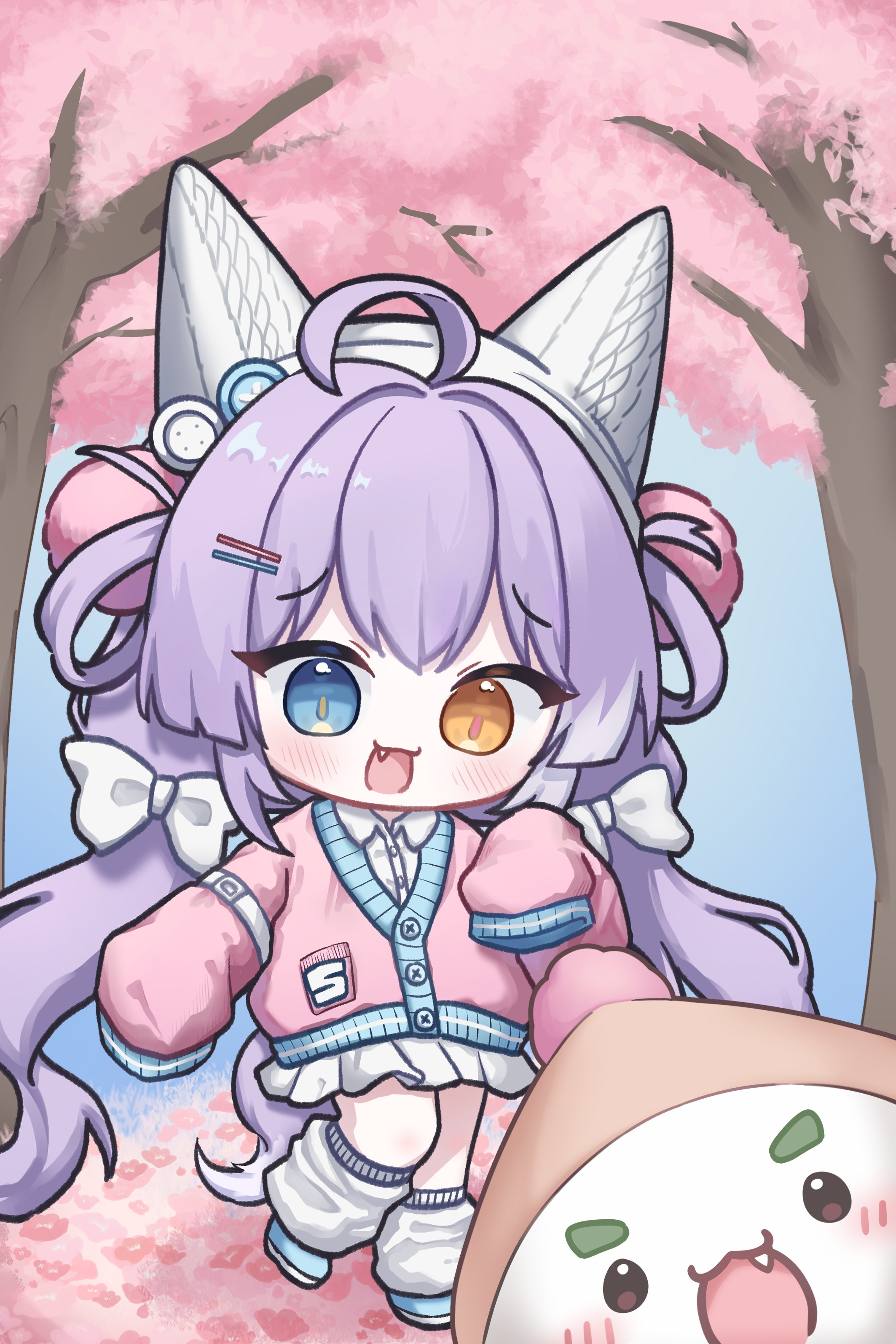 tenko shibuki, stellive, absurdres, hashtag-only commentary, highres, 1girl, ahoge, beanie, blue eyes, blush, bow, brown pupils, buttons, cardigan, cherry blossoms, chibi, chibi only, collared shirt, creature, double-parted bangs, fang, hair bow, hair ornament, hair rings, hairclip, hand up, hat, heterochromia, inari (tenko shibuki), ing 0321, leg warmers, long hair, long sleeves, looking at viewer, low twintails, open mouth, outdoors, parallel hairclips, pink cardigan, pink pupils, pleated skirt, pom pom (clothes), pom pom hair ornament, purple hair, raised inner eyebrows, shirt, skirt, sleeves past fingers, sleeves past wrists, solo, tree, twintails, very long hair, virtual youtuber, walking, white bow, white leg warmers, white shirt, white skirt, yellow eyes