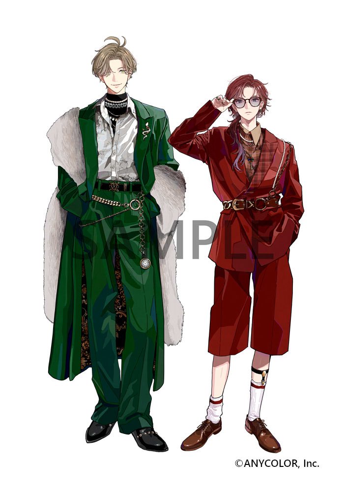 keiko (um7mr1), lauren iroas, oliver evans, nijisanji, official art, 2boys, adjusting eyewear, antenna hair, belt, belt buckle, black belt, black nails, black shirt, black shoes, brown hair, brown shirt, brown shoes, buckle, capri pants, closed mouth, coat, copyright notice, cross-laced shoes, curtained hair, dress shoes, earrings, expressionless, fashion, feather boa, full body, green coat, green eyes, green pants, hair over one eye, hair over shoulder, hand in pocket, hand on eyewear, hands in pockets, jacket, jewelry, key, key necklace, lapel pin, lapels, legwear garter, long hair, long sleeves, looking at viewer, low ponytail, male focus, mole, mole under eye, multiple boys, multiple necklaces, nail polish, necklace, o-ring, o-ring belt, open clothes, open coat, open collar, pants, parted bangs, patterned clothing, peaked lapels, pearl necklace, plaid clothes, plaid lapels, plaid shirt, pocket watch, ponytail, print shirt, red belt, red hair, red jacket, red pants, sample watermark, shirt, shirt tucked in, shoes, short hair, side-by-side, simple background, single earring, smile, socks, standing, straight-on, suit jacket, sunglasses, turtleneck, turtleneck shirt, two-sided coat, two-sided fabric, undershirt, virtual youtuber, wallet chain, watch, watermark, white background, white shirt, white socks