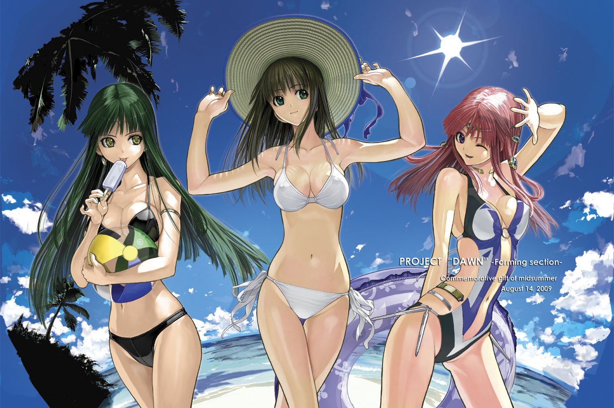 nakabayashi reimei, ariel org, ouka nagisa, setsuko ohara, banpresto, real robot regiment, super robot wars, super robot wars original generation, super robot wars z, super robot wars z1, 3girls, arms up, ball, beach, beachball, bikini, bikini top only, breasts, brown hair, cleavage, crossover, day, food, green eyes, green hair, hand on headwear, hat, innertube, large breasts, long hair, medium breasts, multiple girls, navel, one-piece swimsuit, one eye closed, outdoors, pink hair, pinky out, popsicle, side-tie bikini bottom, sky, sun, swim ring, swimsuit, wink, yellow eyes
