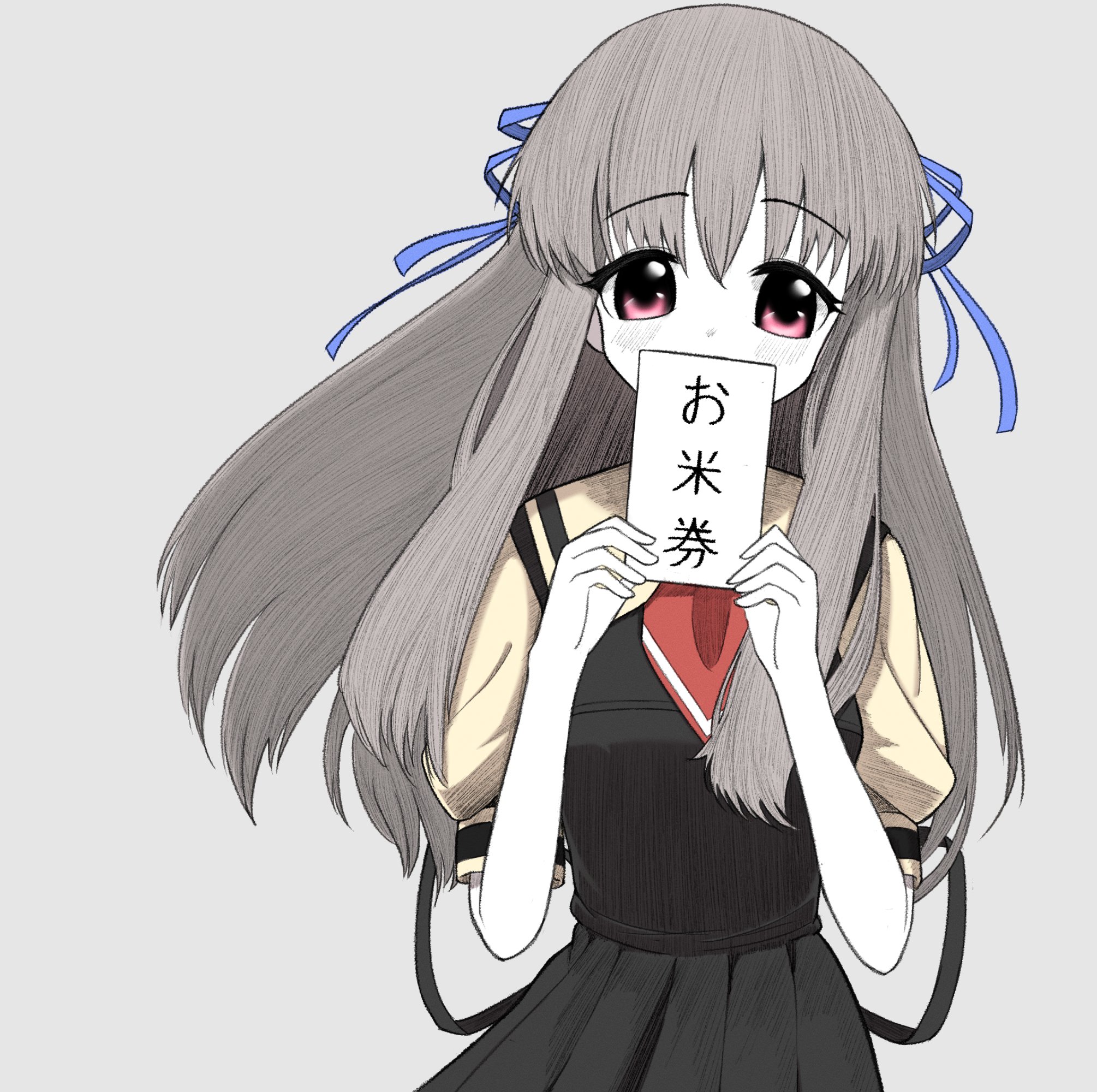 toono minagi, air (visual novel), highres, 1girl, ascot, black dress, blue ribbon, blush, colored skin, covered mouth, covering own mouth, cowboy shot, dot nose, dress, floating hair, grey background, grey hair, hair between eyes, hair ribbon, hands up, holding, holding paper, long hair, looking at viewer, neckerchief, necktie, paper, pinafore dress, pink eyes, pleated dress, puffy short sleeves, puffy sleeves, red ascot, red eyes, red neckerchief, red necktie, ribbon, sailor collar, school uniform, shirt, short necktie, short sleeves, sidelocks, simple background, sleeveless, sleeveless dress, solo, straight-on, upper body, white skin, wind, yellow shirt