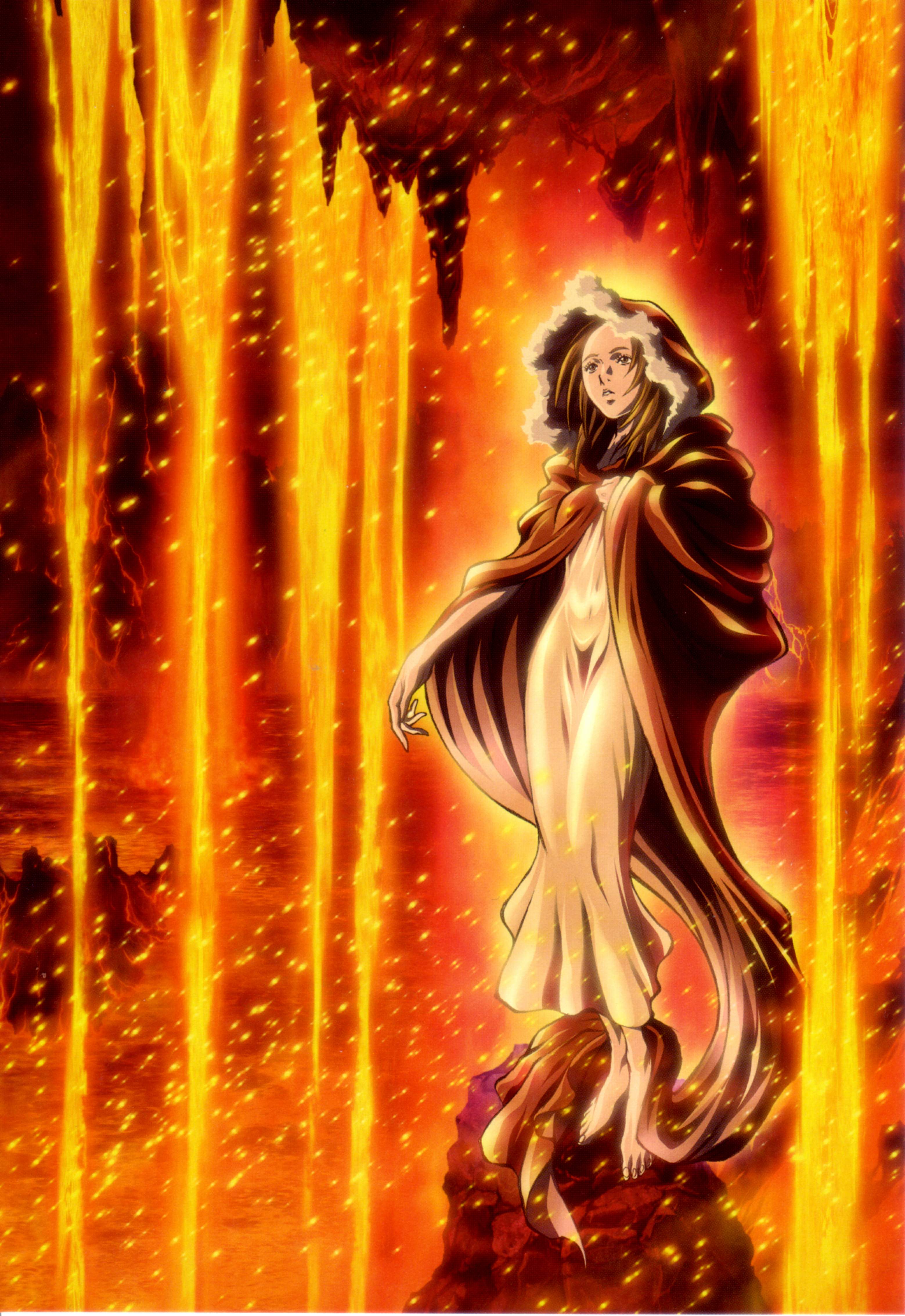 priscilla (claymore), claymore (series), absurdres, highres, scan, 00s, 1girl, barefoot, brown hair, cloak, female focus, fire, solo