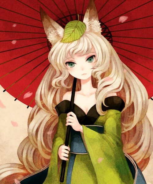 min (citrine), inari, yuzuruha, oboro muramasa, vanillaware, silver hair, bad id, bad pixiv id, 1girl, :<, animal ears, bare shoulders, blonde hair, blue eyes, blush, breasts, brown hair, cherry blossoms, cleavage, collarbone, female focus, fox ears, green eyes, japanese clothes, kimono, kitsune, leaf, leaf on head, long hair, object on head, off shoulder, oil-paper umbrella, parasol, petals, solo, umbrella, very long hair, wavy hair