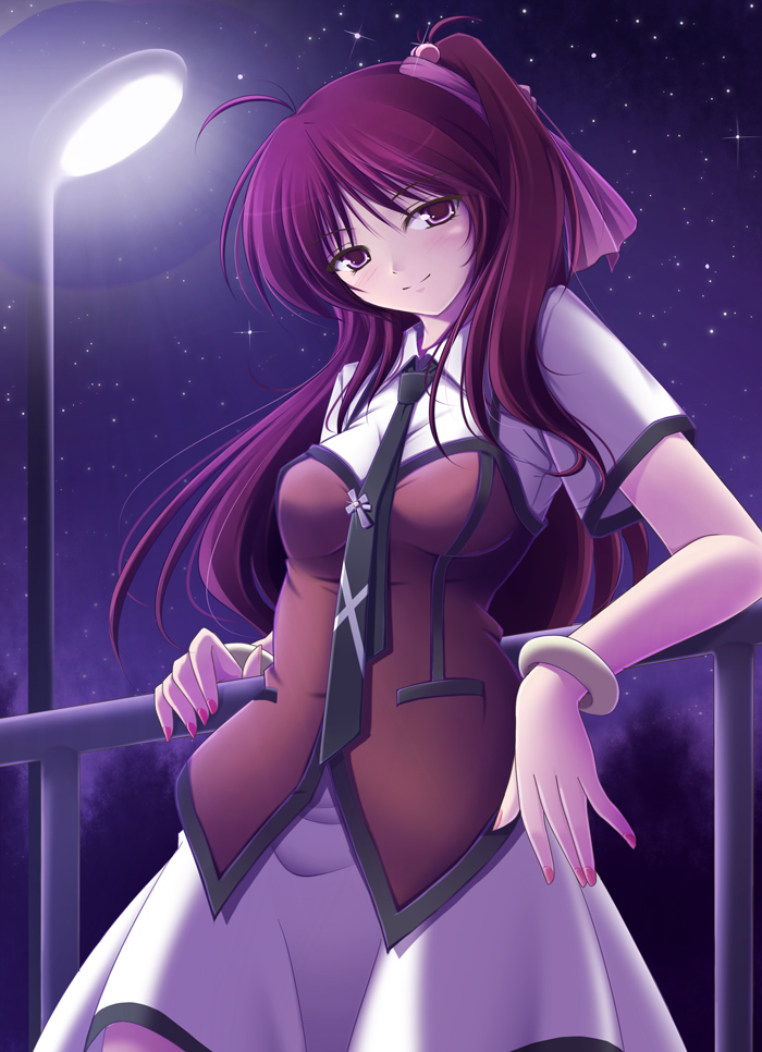 meso (gjmeso), meso (pixiv35947), original, bad id, bad pixiv id, 1girl, bracelet, brown eyes, brown hair, female focus, jewelry, nail polish, necktie, night, night sky, pink nails, railing, skirt, sky, smile, solo