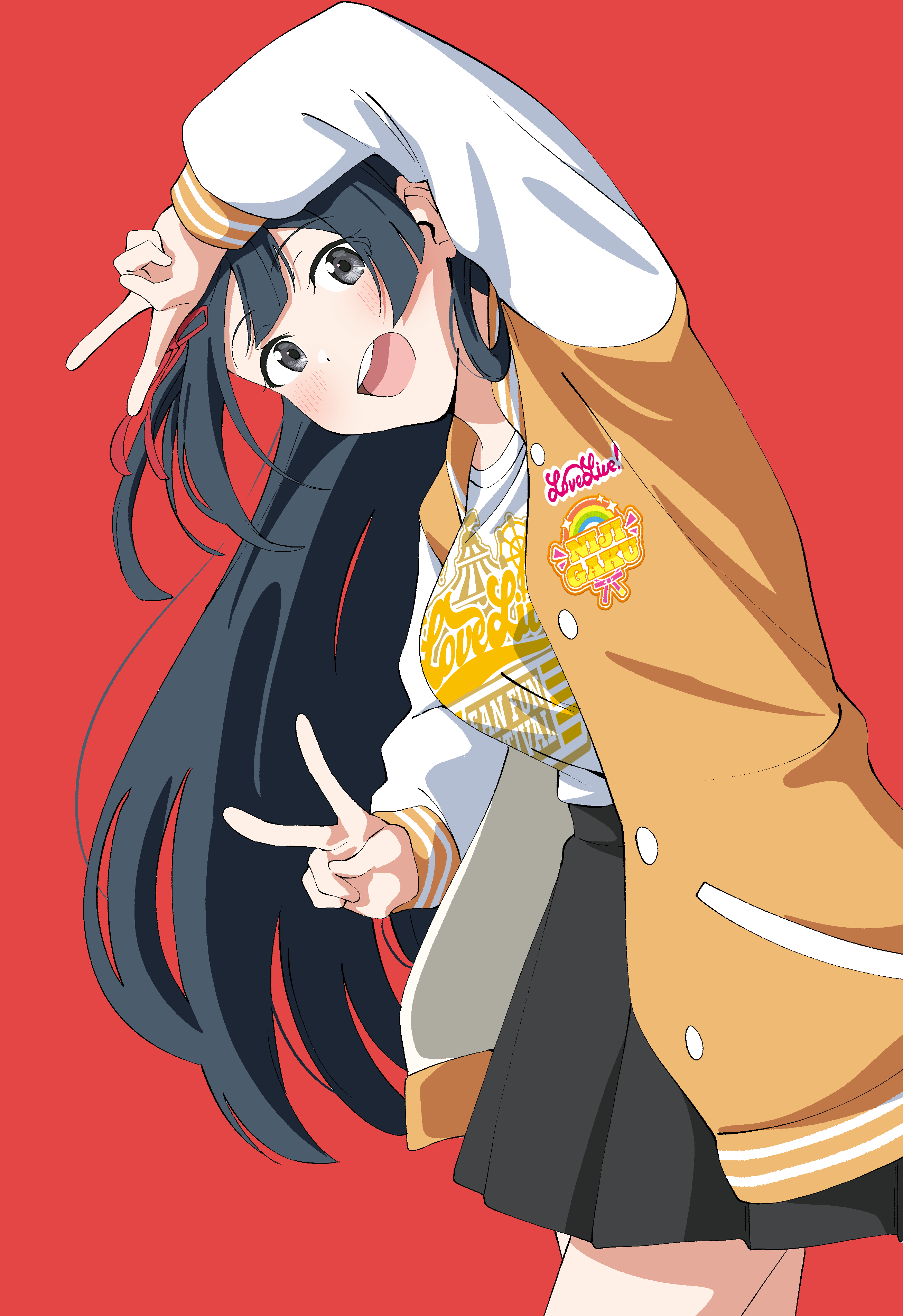 uchuu no mozuku, yuki setsuna, love live!, love live! nijigasaki high school idol club, absurdres, character request, commentary, highres, 1girl, black hair, black skirt, blush, breasts, double v, grey eyes, hair ornament, jacket, large breasts, letterman jacket, long hair, looking at viewer, love live! fan fun festival, miniskirt, one side up, open clothes, open jacket, open mouth, pleated skirt, red background, shirt, sidelocks, simple background, skirt, smile, solo, teeth, v, white shirt