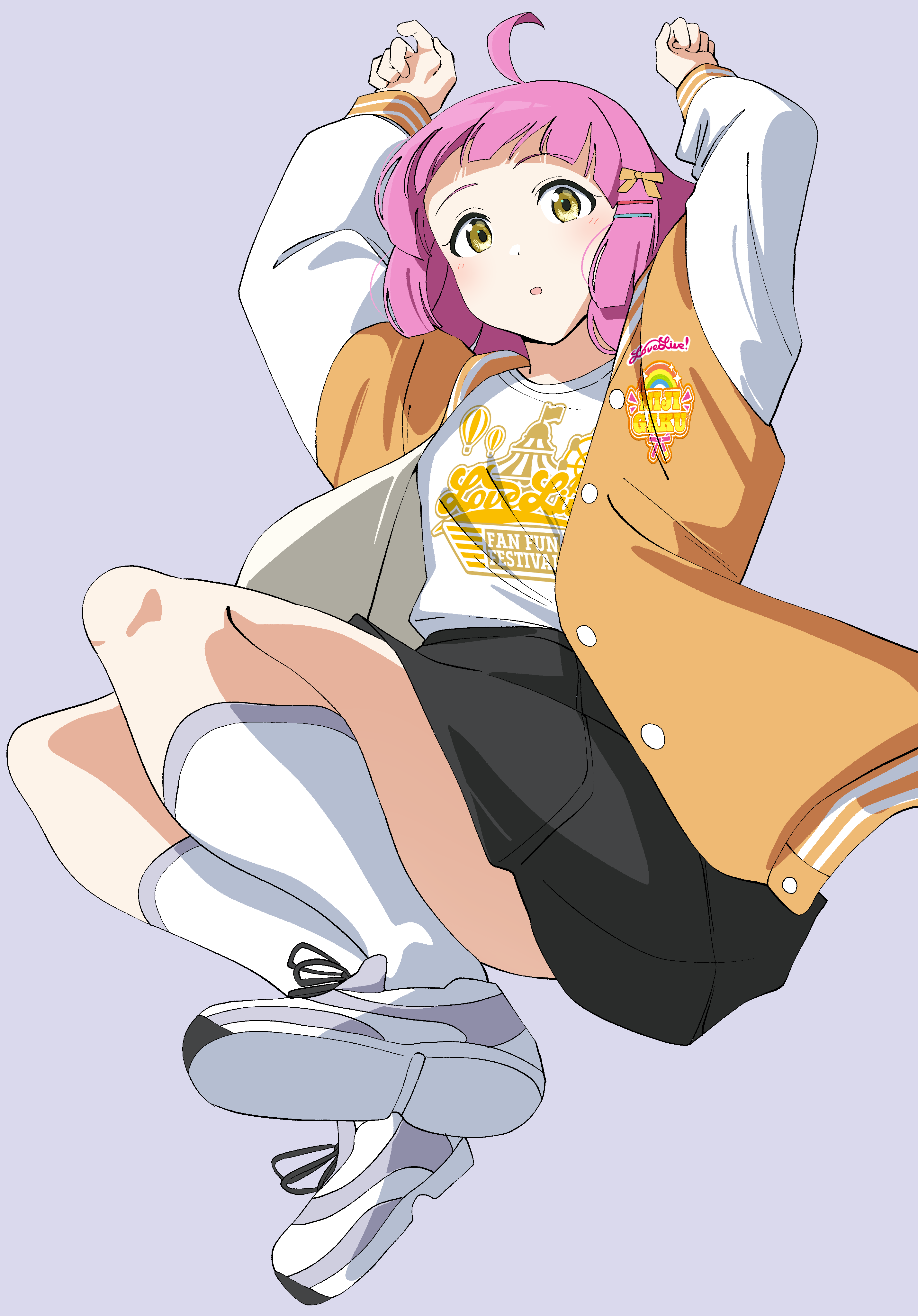 uchuu no mozuku, tennoji rina, love live!, love live! nijigasaki high school idol club, absurdres, commentary, highres, 1girl, ahoge, arms up, black skirt, flat chest, full body, grey background, hair ornament, hairclip, jacket, kneehighs, letterman jacket, looking at viewer, love live! fan fun festival, medium hair, miniskirt, official alternate costume, open clothes, open jacket, orange jacket, parallel hairclips, pink hair, pleated skirt, purple shoes, shirt, shoes, simple background, skirt, sneakers, socks, solo, white shirt, white socks, yellow eyes