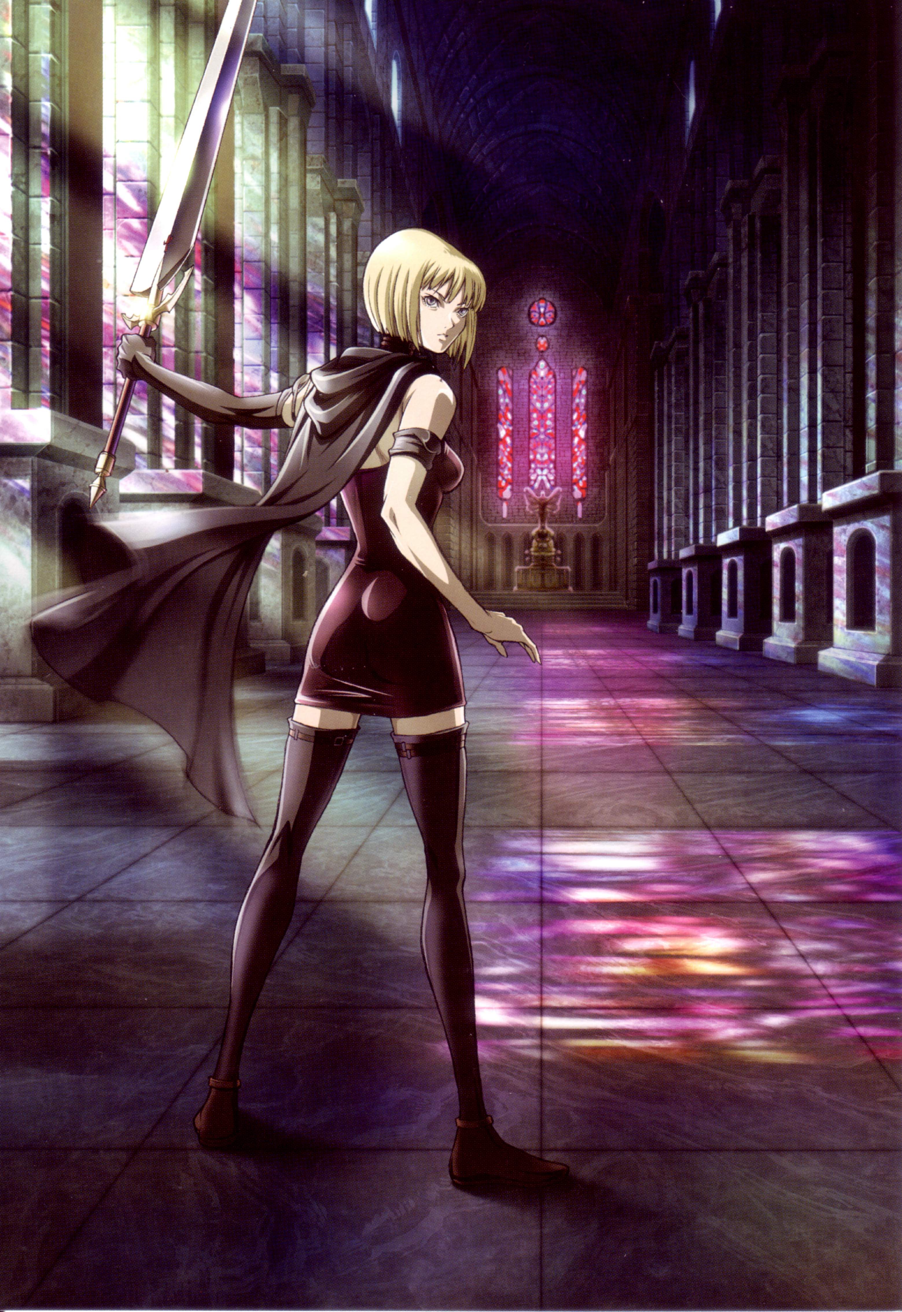 clare (claymore), claymore (series), absurdres, highres, 00s, 1girl, alternate costume, bare shoulders, blonde hair, cape, claymore (sword), female focus, grey eyes, short hair, solo, sword, thighhighs, weapon