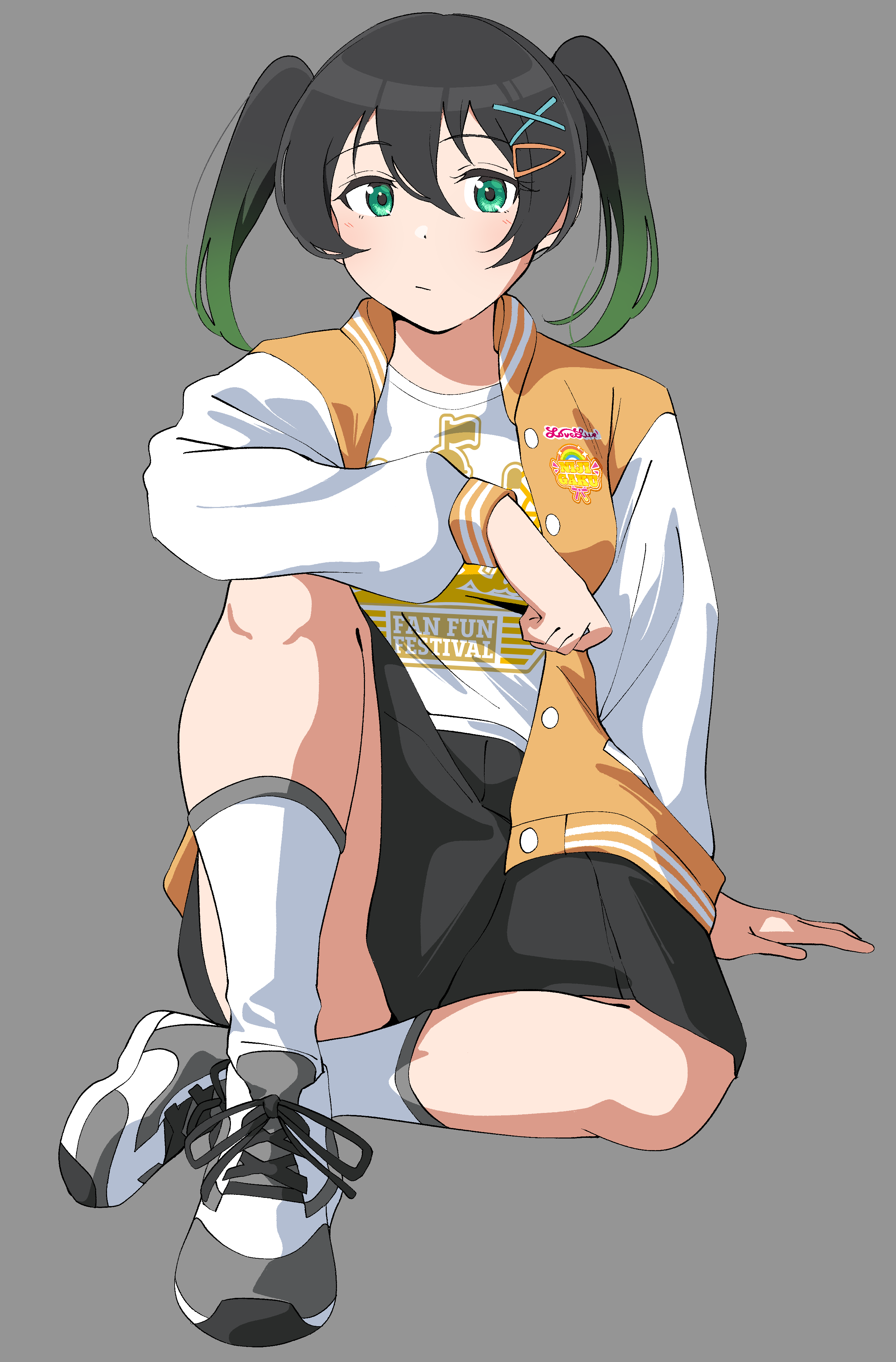 uchuu no mozuku, takasaki yu, love live!, love live! nijigasaki high school idol club, absurdres, commentary, highres, 1girl, :/, black hair, black skirt, breasts, closed mouth, full body, green hair, grey background, grey shoes, hair between eyes, hair ornament, jacket, knee up, letterman jacket, long sleeves, looking at viewer, love live! fan fun festival, medium hair, miniskirt, official alternate costume, open clothes, open jacket, orange jacket, pleated skirt, shirt, shoes, simple background, sitting, skirt, sneakers, solo, twintails, white shirt, x hair ornament