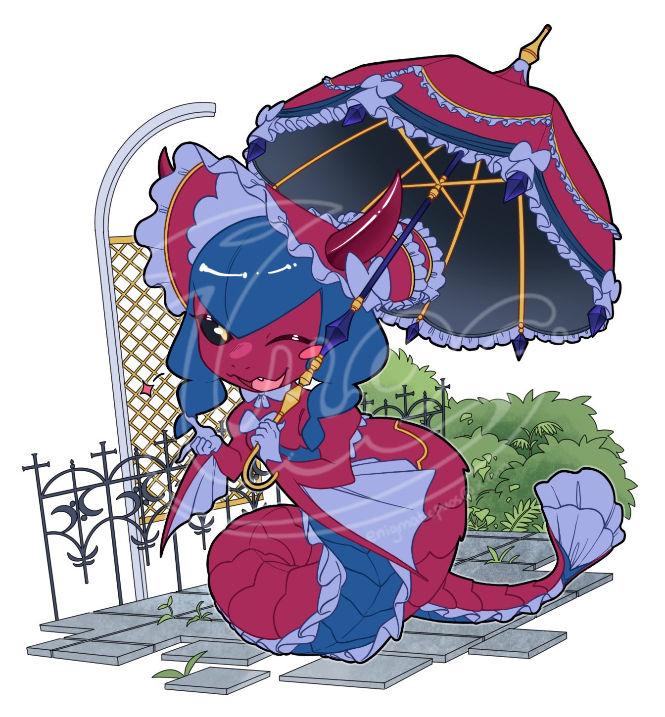 lamiamon, digimon, black sclera, blue hair, colored sclera, digimon (creature), hat, horns, lamia, long hair, monster girl, ribbon, soup (enigmaticpuos), yellow eyes