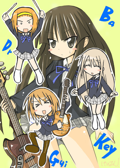 kamashi, akiyama mio, hirasawa yui, kotobuki tsumugi, tainaka ritsu, k-on!, > <, 00s, 4girls, bass guitar, black eyes, black hair, blazer, blonde hair, blue panties, blush, brown hair, censored, closed eyes, convenient censoring, dress shirt, drumsticks, guitar, hairband, ho-kago tea time, instrument, jacket, long hair, miniskirt, multiple girls, panties, plaid clothes, plaid skirt, pleated skirt, ribbon, school uniform, shirt, short hair, skirt, socks, standing, striped clothes, striped panties, underwear, white socks