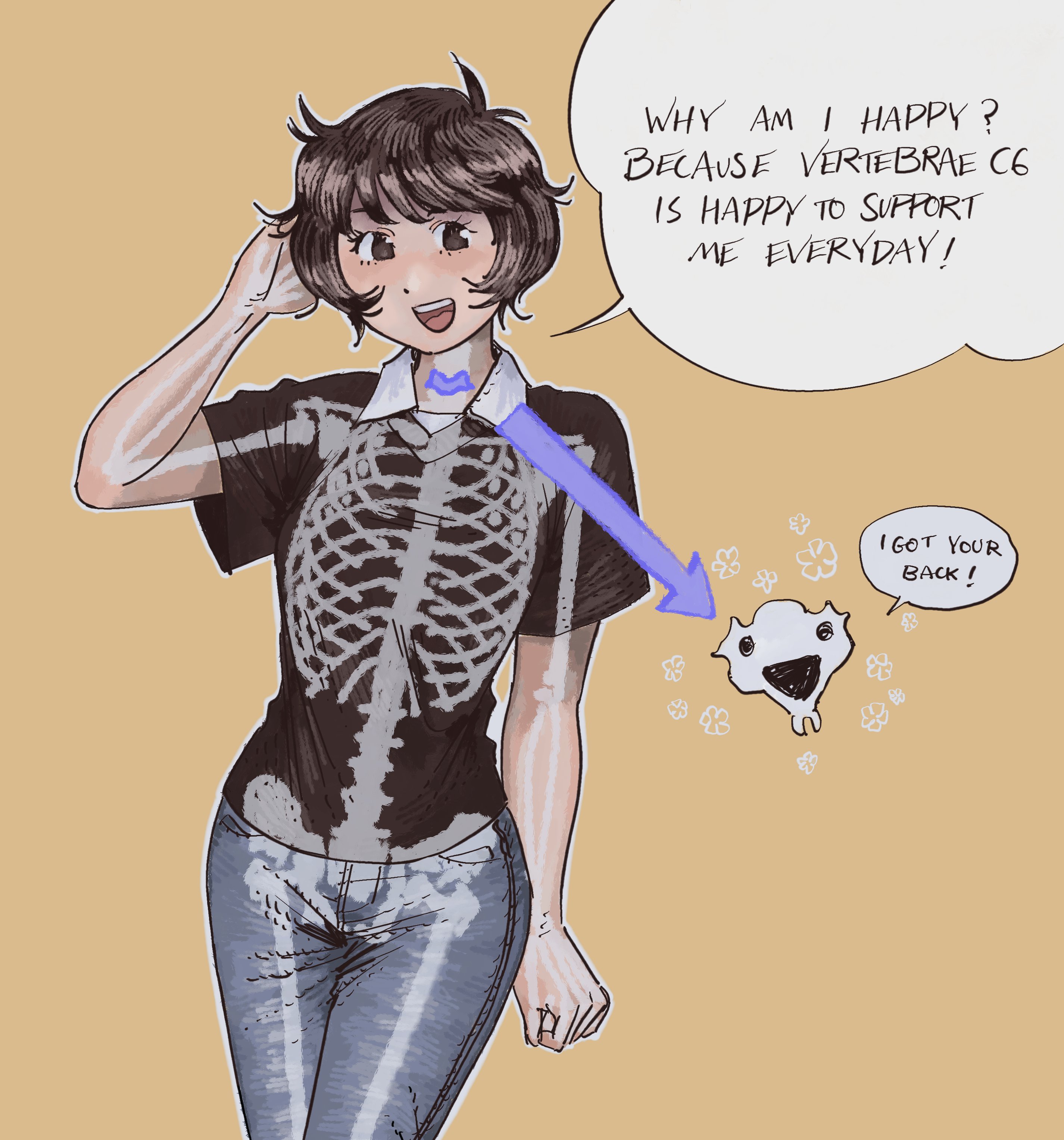 heidi (heytherenrds), original, absurdres, highres, 1girl, brown hair, cowboy shot, denim, english text, flower, jeans, light blush, pants, short hair, skeleton print, smile, solo, spine, yellow background