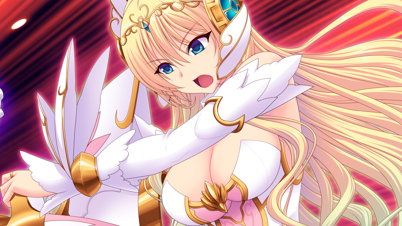 saitou natsuki, suhamaya, en ciel rena, en ciel rena (laelith), tomoe rena, kourin tenshi en ciel rena, game cg, large variant set, non-web source, official art, variant set, 1girl, :o, attack, bare shoulders, blonde hair, blue eyes, bracelet, breasts, cleavage, detached sleeves, dress, floating hair, gem, hair between eyes, hair ornament, headdress, headgear, headpiece, holding, holding shield, holding sword, holding weapon, jewelry, large breasts, long hair, long sleeves, magical girl, open mouth, red background, ring, shield, solo, strapless, strapless dress, sword, tiara, upper body, v-shaped eyebrows, very long hair, weapon, white dress, white sleeves