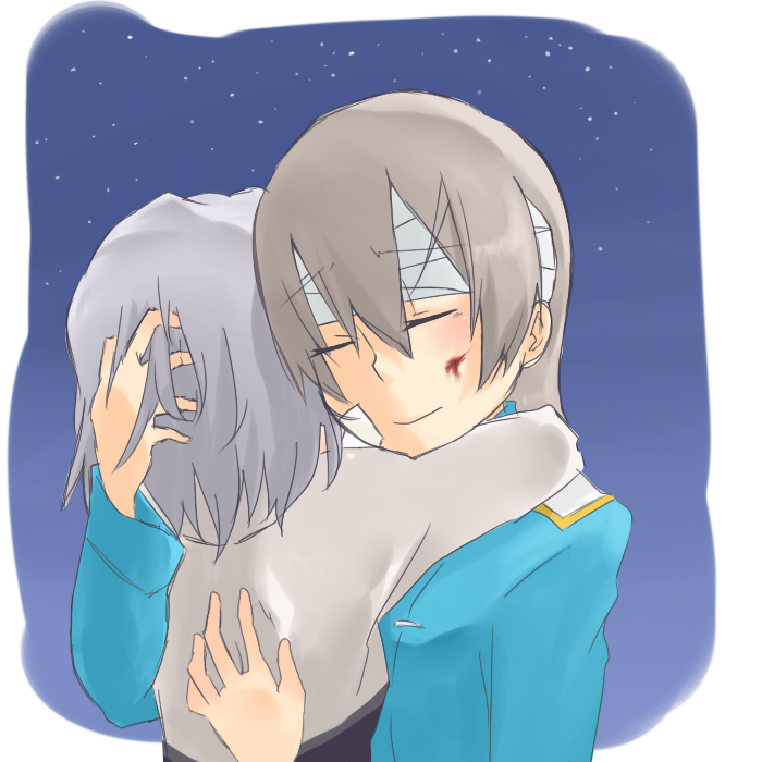 chikiso, eila ilmatar juutilainen, sanya v. litvyak, strike witches, world witches series, silver hair, 00s, 2girls, bandages, blonde hair, blood, couple, hug, injury, military, military uniform, multiple girls, short hair, yuri