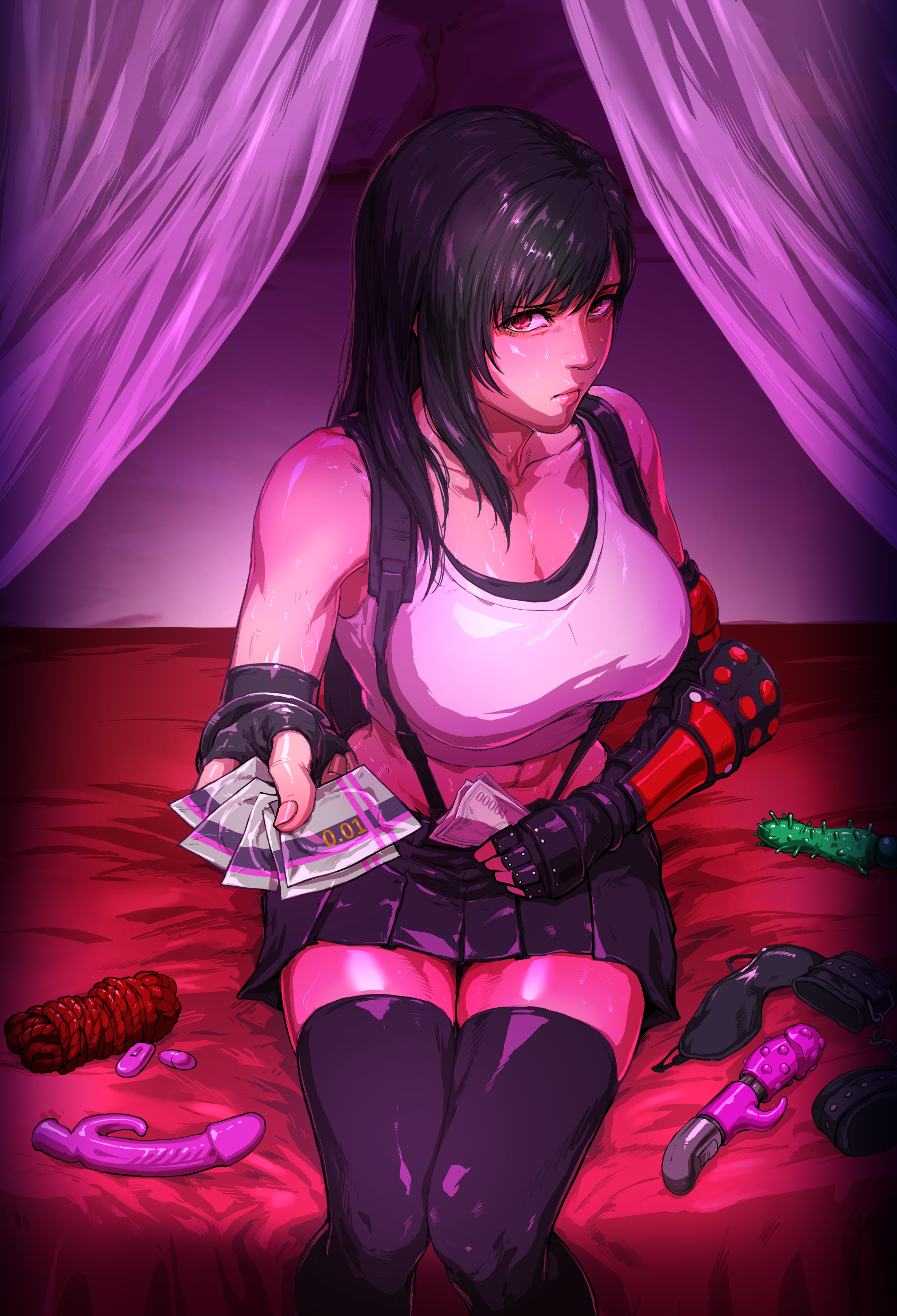 hentaix, tifa lockhart, final fantasy, final fantasy vii, square enix, uncomfortable, absurdres, commentary request, highres, 1girl, abs, banknote, black hair, condom, condom wrapper, dildo, gloves, holding, holding money, hotel, imminent penetration, implied prostitution, indoors, looking at viewer, love hotel, money, muscular, muscular female, nervous, nervous sweating, pov, red eyes, rope, sex toy, skirt, solo, solo focus, sweat, sweatdrop, thighhighs, vibrator