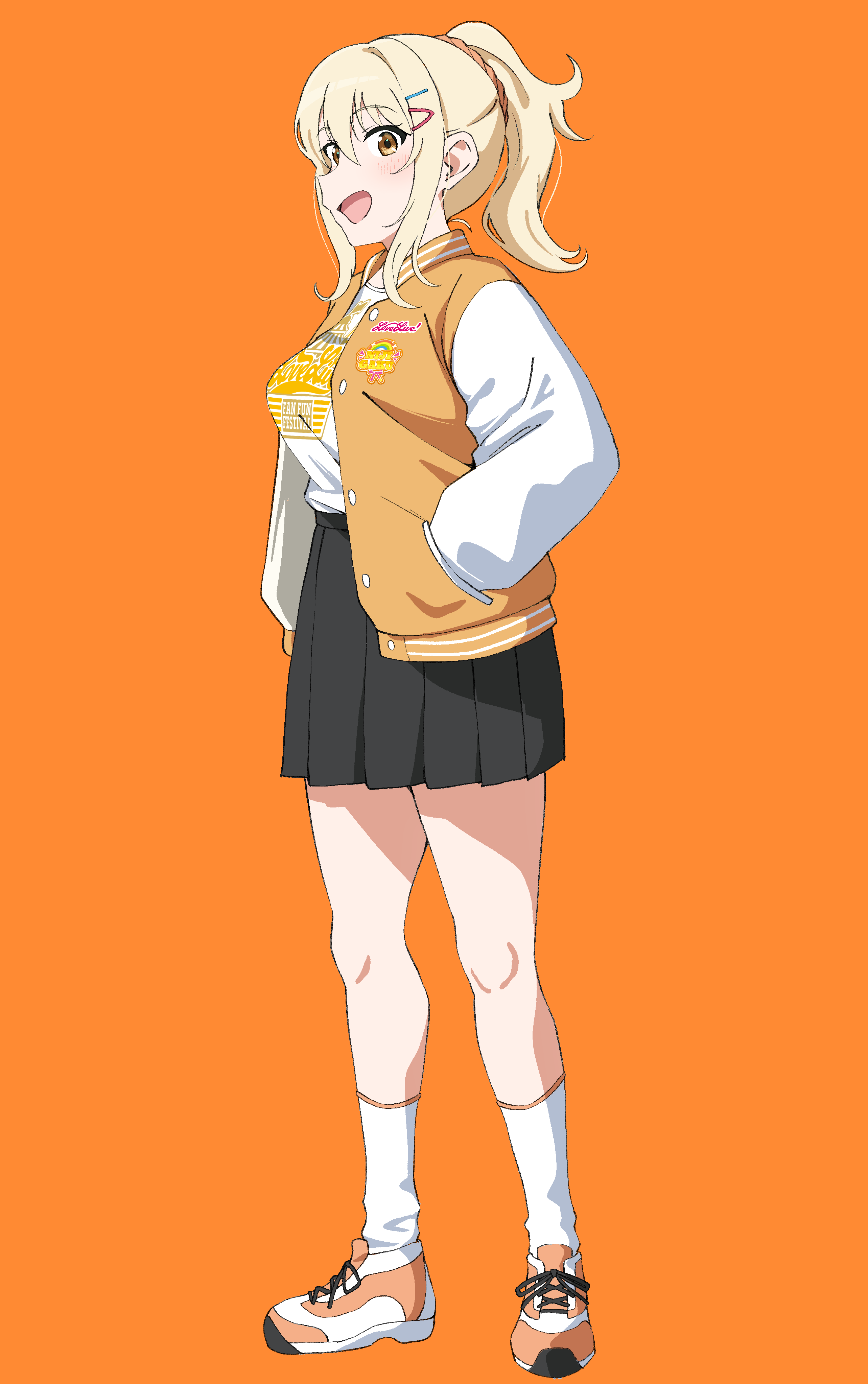 uchuu no mozuku, miyashita ai, love live!, love live! nijigasaki high school idol club, absurdres, commentary, highres, 1girl, black skirt, blonde hair, breasts, full body, hair ornament, hair scrunchie, hand in pocket, jacket, large breasts, letterman jacket, long sleeves, looking at viewer, love live! fan fun festival, medium hair, miniskirt, official alternate costume, open clothes, open jacket, orange background, orange jacket, orange scrunchie, orange shoes, pleated skirt, ponytail, scrunchie, shirt, shoes, sidelocks, skirt, sneakers, socks, solo, standing, white shirt, white socks