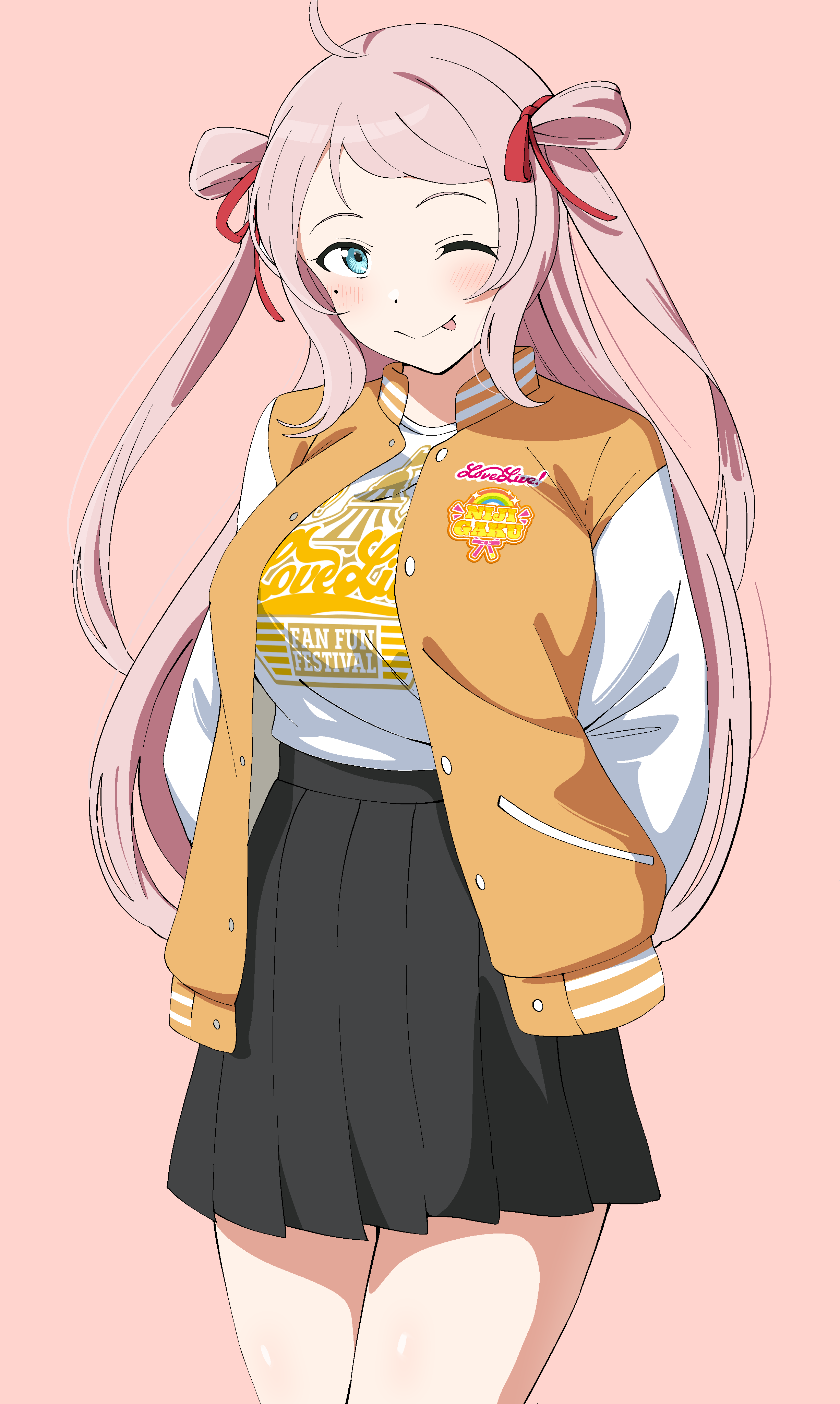 uchuu no mozuku, zhong lanzhu, love live!, love live! nijigasaki high school idol club, absurdres, commentary, highres, 1girl, ;p, ahoge, black skirt, blue eyes, blush, breasts, cowboy shot, hair ribbon, jacket, large breasts, letterman jacket, long hair, looking at viewer, love live! fan fun festival, miniskirt, mole, mole under eye, official alternate costume, one eye closed, open clothes, open jacket, orange jacket, pink background, pink hair, pleated skirt, red ribbon, ribbon, shirt, simple background, skirt, smile, solo, standing, tongue, tongue out, very long hair, white shirt