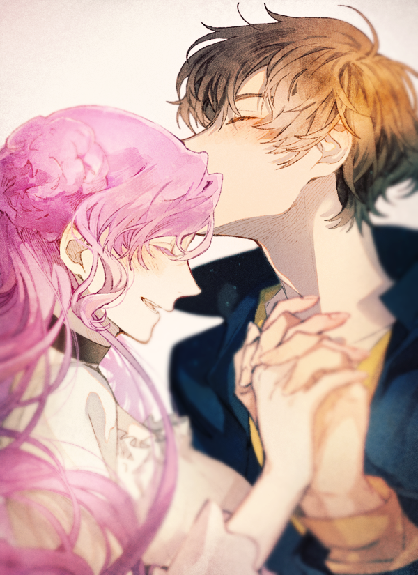 rata to, euphemia li britannia, kururugi suzaku, code geass, commentary request, 1boy, 1girl, blush, brown hair, closed eyes, couple, donut hair bun, dress, hair bun, hetero, holding hands, kiss, kissing forehead, long hair, pink hair, short hair, simple background, smile, very long hair, white background