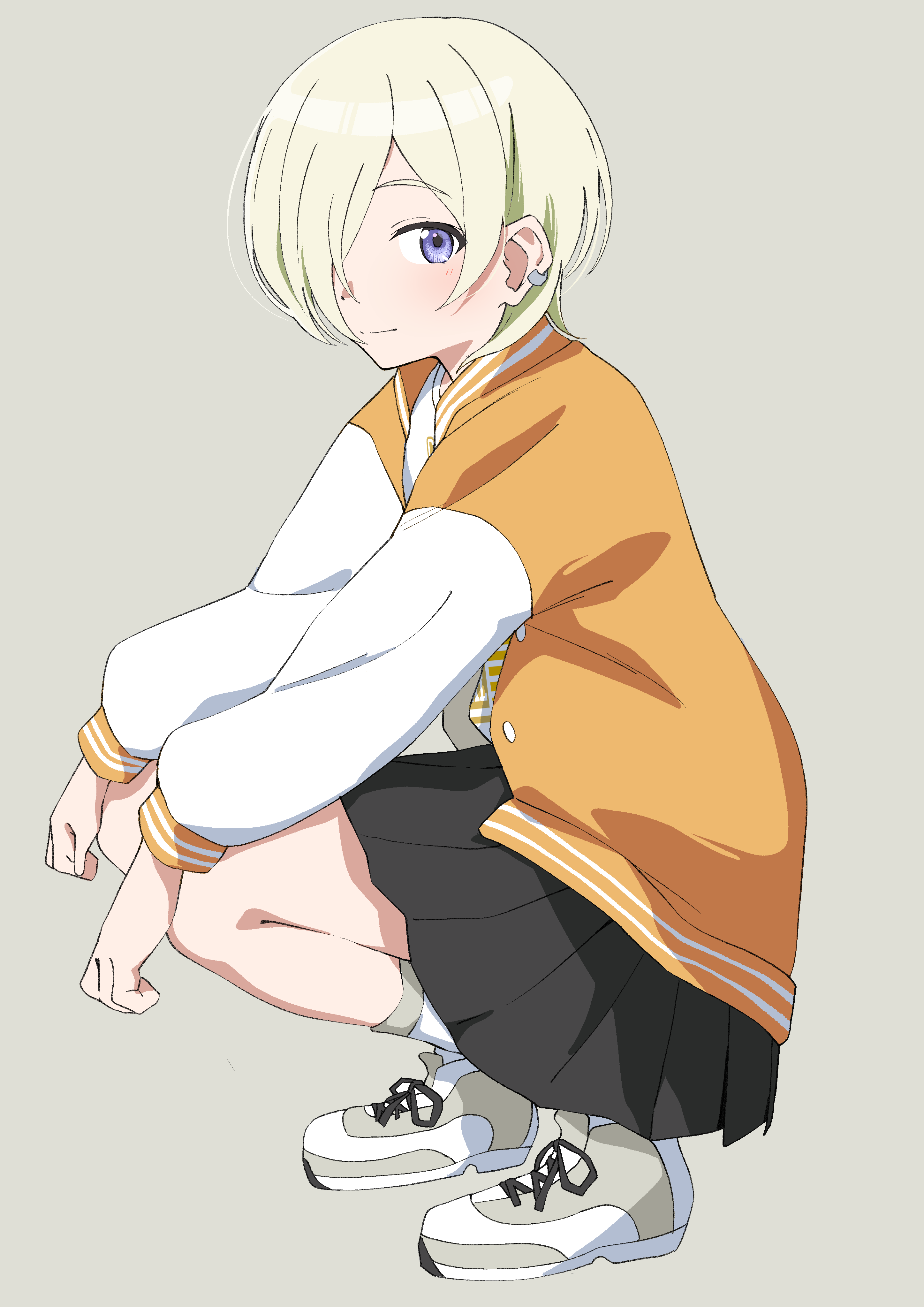 uchuu no mozuku, mia taylor, love live!, love live! nijigasaki high school idol club, absurdres, commentary, highres, 1girl, arms on knees, ass, black skirt, blonde hair, earclip, full body, grey shoes, hair over one eye, jacket, letterman jacket, long sleeves, looking at viewer, love live! fan fun festival, miniskirt, official alternate costume, one eye covered, open clothes, open jacket, orange jacket, pleated skirt, purple eyes, shirt, shoes, skirt, sneakers, solo, squatting, white shirt