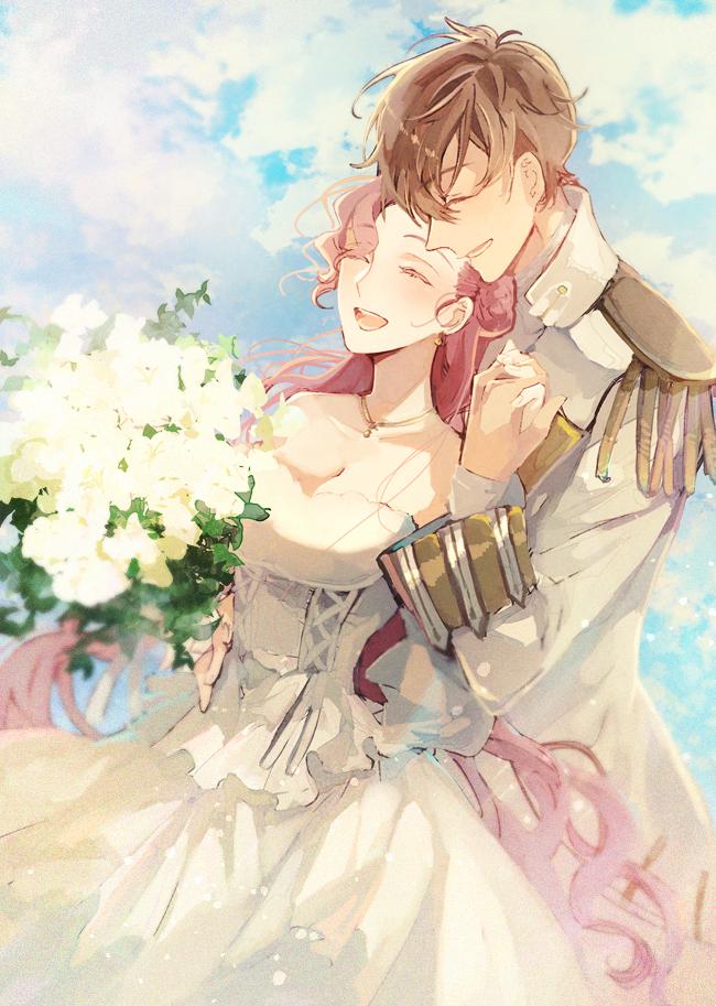 rata to, euphemia li britannia, kururugi suzaku, code geass, 1boy, 1girl, blue sky, bouquet, brown hair, closed eyes, cloud, couple, donut hair bun, dress, epaulettes, flower, formal clothes, hair bun, hetero, holding hands, jacket, long hair, military jacket, pink hair, sky, smile, suit, very long hair, wedding dress, white dress, white flower, white suit