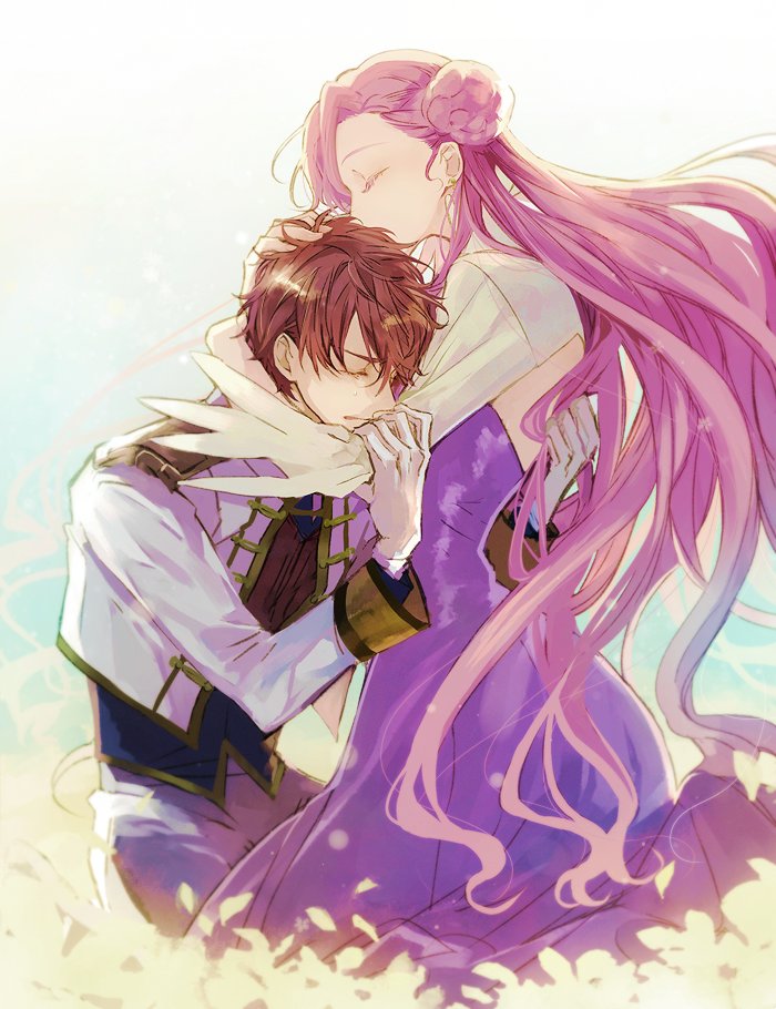 rata to, euphemia li britannia, kururugi suzaku, code geass, commentary request, 1boy, 1girl, brown hair, closed eyes, couple, crying, donut hair bun, dress, field, flower, flower field, formal clothes, hair bun, hetero, hug, long hair, long sleeves, pink hair, very long hair