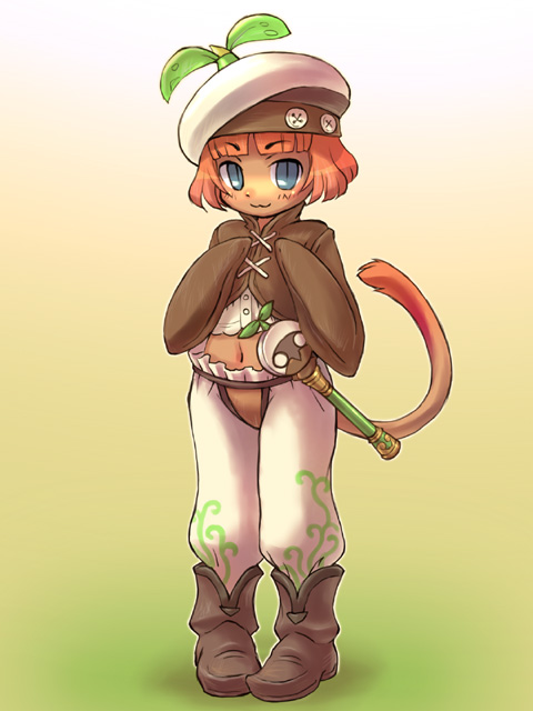 sankuma, mithra (ff11), final fantasy, final fantasy xi, 00s, 1girl, :3, beret, blue eyes, cat tail, child, female focus, full body, gradient background, hat, midriff, navel, orange hair, slit pupils, solo, tail