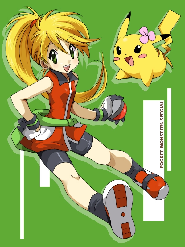 ageha, chuchu (pokemon), may (pokemon), pikachu, yellow (pokemon), nintendo, pokemon, pokemon adventures, pokemon rgby, pokemon rse, bad id, bad pixiv id, 1girl, bike shorts, blonde hair, copyright name, cosplay, flower, gen 1 pokemon, hair flower, hair ornament, holding, holding poke ball, no headwear, odamaki sapphire (cosplay), poke ball, poke ball (basic), ponytail, sapphire (pokemon) (cosplay)