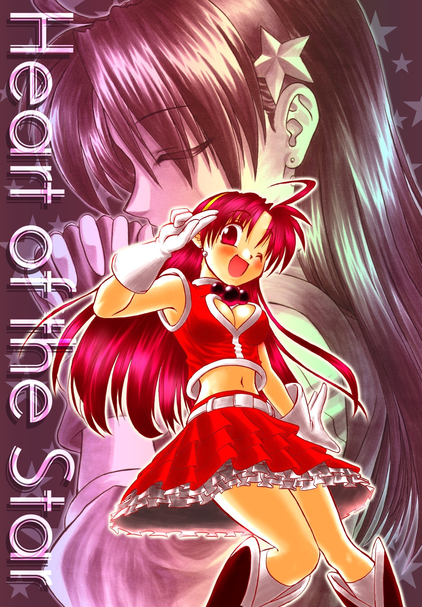 asamiya athena, the king of fighters, 1girl, boots, breasts, dress, earrings, female focus, hairband, heart, hisao, isao.n, isao n, jewelry, large breasts, long hair, one eye closed, popo kungfu, purple eyes, purple hair, skirt, star (symbol), wink