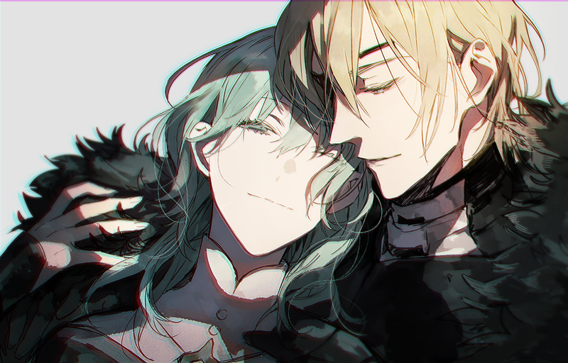 rata to, dimitri alexandre blaiddyd, dimitri alexandre blaiddyd (timeskip), female byleth (awakened) (fire emblem), female byleth (fire emblem), fire emblem, fire emblem: three houses, nintendo, commentary request, 1boy, 1girl, blonde hair, breasts, couple, eyepatch, fur trim, green eyes, green hair, hair between eyes, long hair, medium breasts, simple background, smile, white background