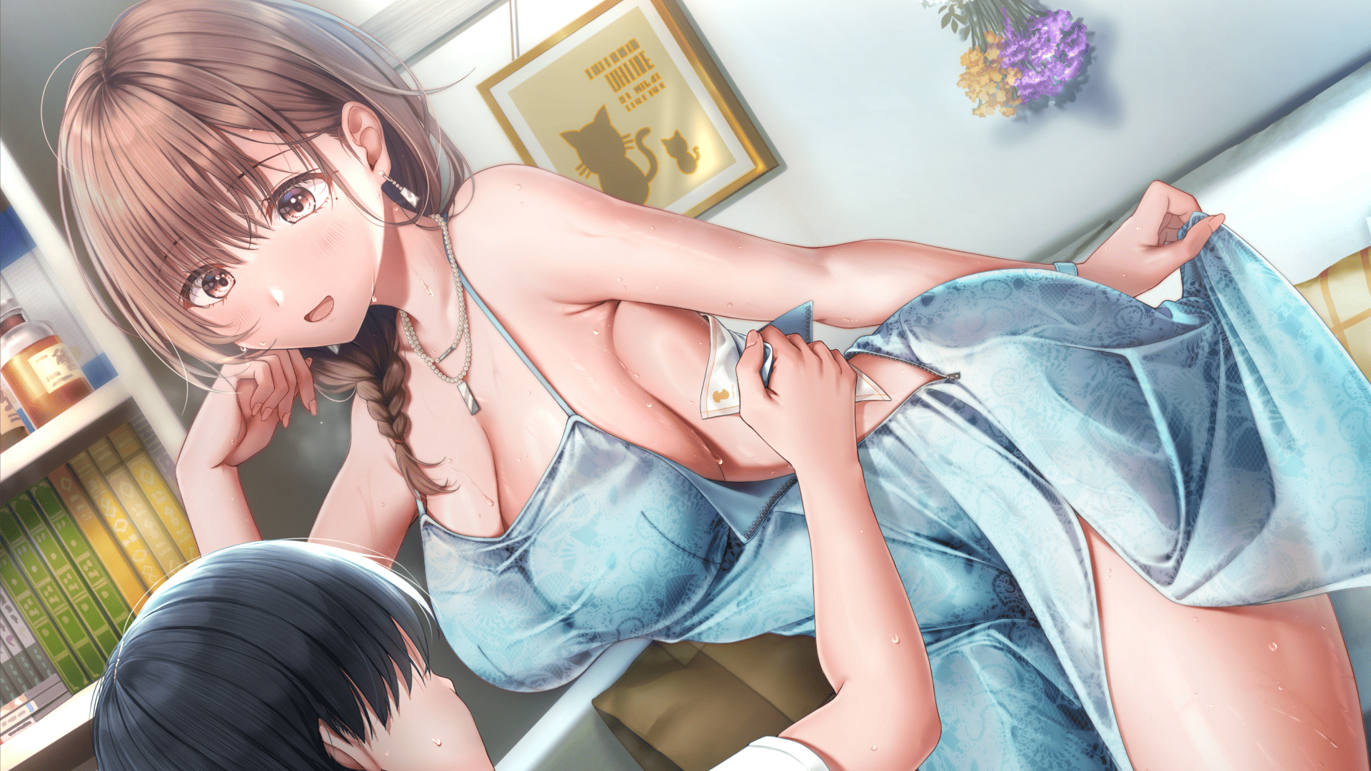 seifuku kanojo, seifuku kanojo 2, artist request, commentary request, highres, 1boy, 1girl, bare shoulders, black hair, blue dress, bookshelf, braid, breasts, brown eyes, brown hair, cleavage, dress, dutch angle, jewelry, koga nozomi, large breasts, leaning forward, necklace, open mouth, skirt hold, solo focus, sweat