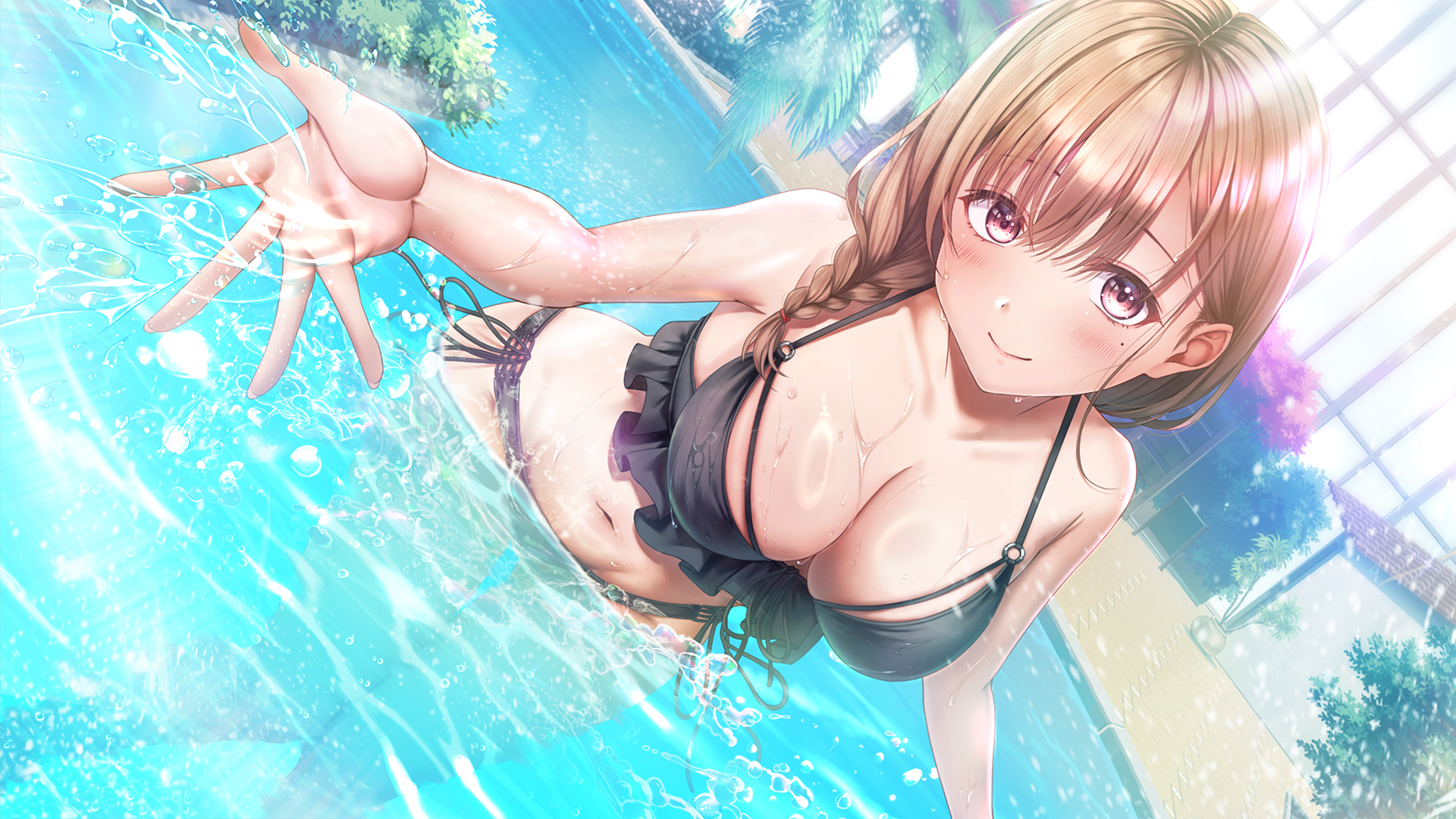 seifuku kanojo, seifuku kanojo 2, artist request, commentary request, highres, 1girl, bikini, black bikini, braid, breasts, brown eyes, brown hair, cleavage, closed mouth, koga nozomi, large breasts, light blush, looking at viewer, mole, mole under eye, navel, outstretched arm, pool, ring light reflection, smile, solo, swimsuit, wading, water