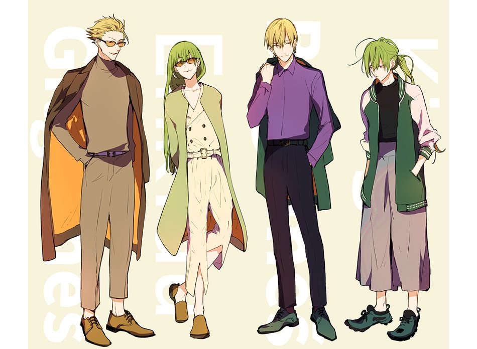 rata to, enkidu (fate), gilgamesh (fate), fate/strange fake, fate (series), 1boy, 1other, androgynous, blonde hair, brown coat, casual, coat, dress shirt, green coat, green hair, hair between eyes, long hair, long sleeves, multiple boys, purple shirt, shirt, short hair, simple background, sunglasses, turtleneck, very long hair