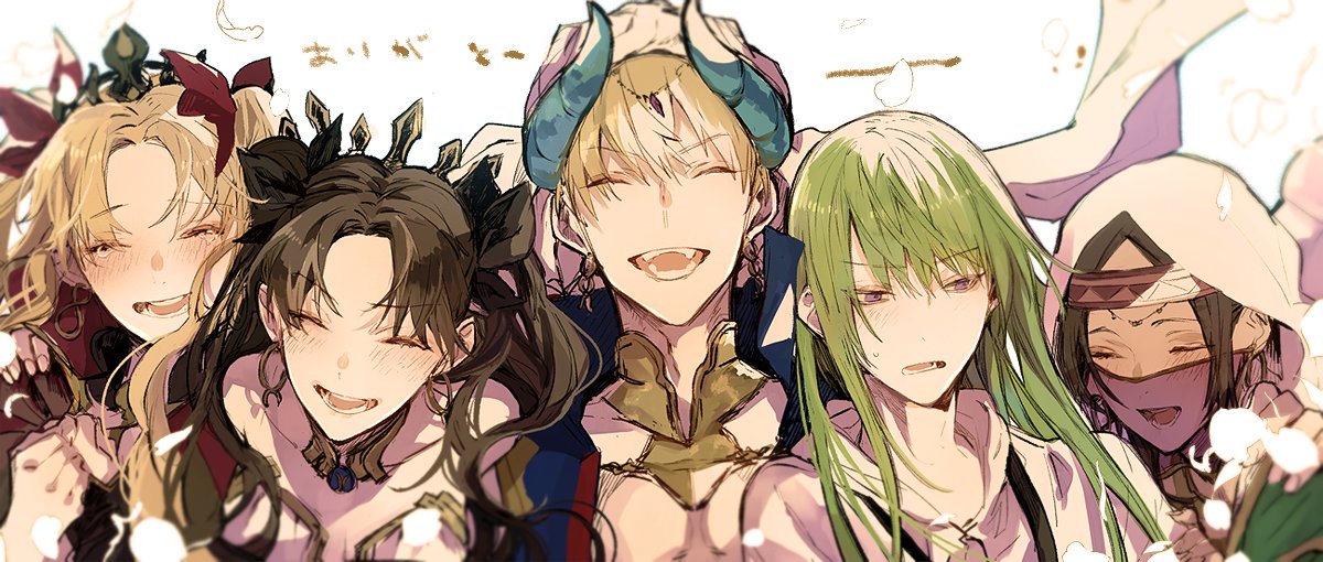 rata to, enkidu (fate), ereshkigal (fate), gilgamesh, gilgamesh (caster) (fate), gilgamesh (fate), ishtar (fate), kingu (fate), siduri (fate), fate/grand order, fate (series), commentary request, 2boys, 3girls, blonde hair, blush, brown hair, closed eyes, green hair, happy tears, headband, hood, long hair, multiple boys, multiple girls, purple eyes, short hair, simple background, smile, tears, two side up, white background, white hood