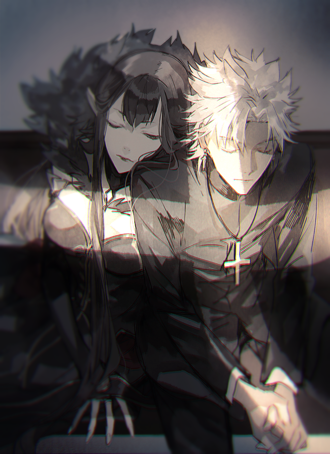 rata to, amakusa shirou (fate), semiramis (fate), fate/apocrypha, fate (series), commentary request, 1boy, 1girl, black dress, black hair, breasts, bridal gauntlets, cross, dress, earrings, fur trim, jewelry, long hair, long sleeves, necklace, pointy ears, short hair, very long hair, white hair