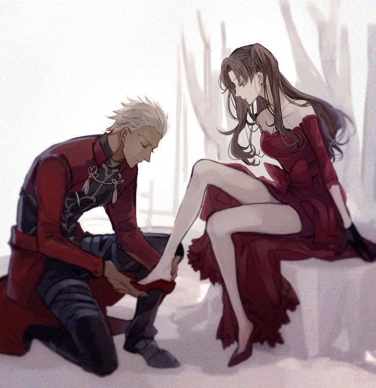 rata to, archer (fate), tohsaka rin, fate/stay night, fate (series), commentary request, 1boy, 1girl, alternate costume, bare legs, bare shoulders, black gloves, black pants, blue eyes, bow, brown hair, couple, dark-skinned male, dark skin, dress, dress bow, gloves, high heels, holding, long hair, long sleeves, off shoulder, pants, pumps, red bow, red dress, red shoes, shoes, short hair, two side up, white hair