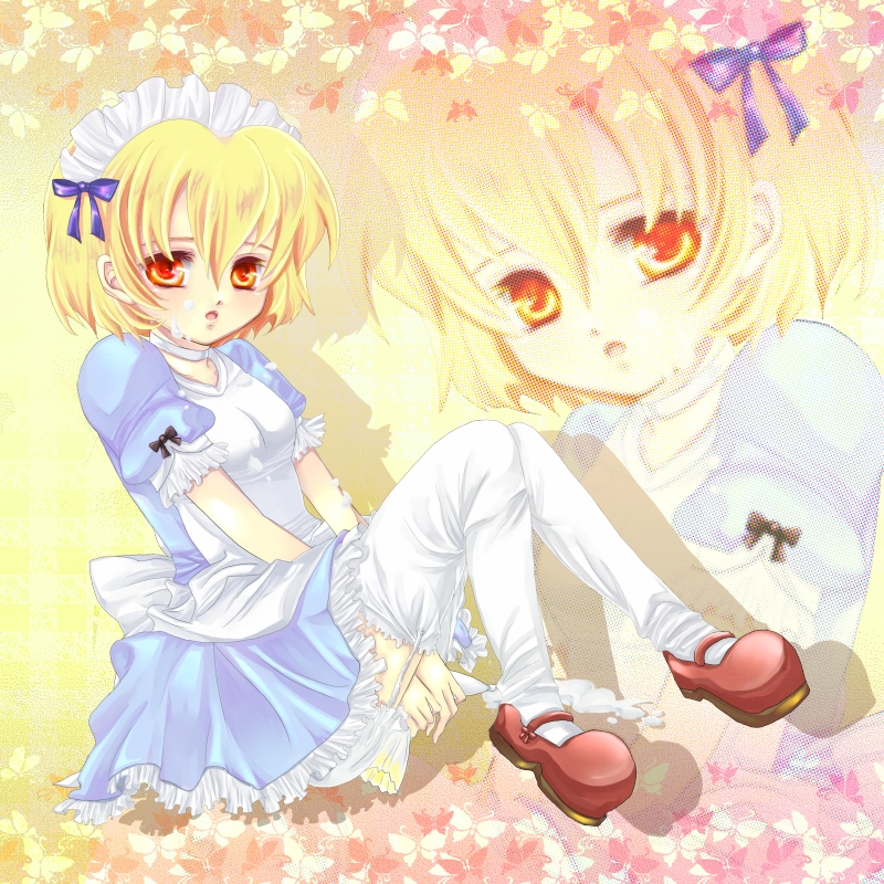 kairi (oro-n), houjou satoko, higurashi no naku koro ni, bad id, bad pixiv id, 00s, 1girl, alternate costume, blonde hair, bloomers, choker, enmaided, female focus, frills, garter belt, icing, maid, maid headdress, mary janes, red eyes, shoes, short hair, sitting, solo, thighhighs, underwear, white thighhighs, zoom layer