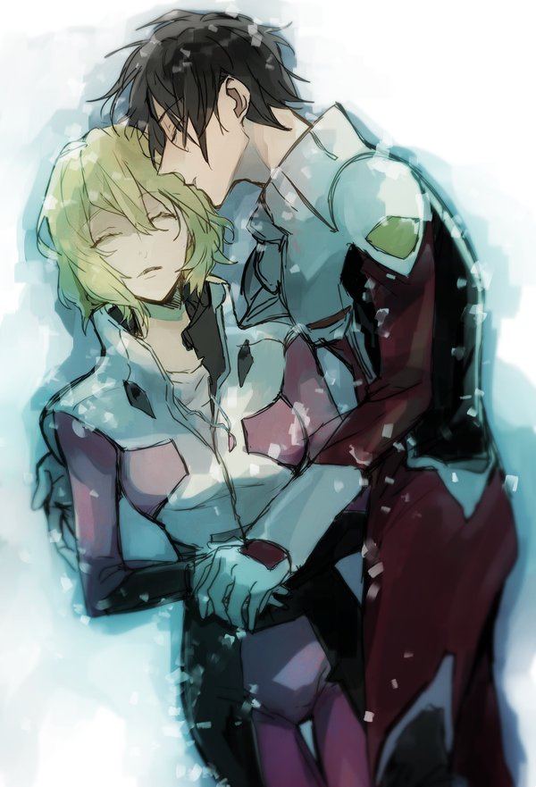rata to, shinn asuka, stellar loussier, gundam, gundam seed, gundam seed destiny, 1boy, 1girl, black hair, blonde hair, closed eyes, holding hands, kiss, kissing forehead, lying, medium hair, military, military uniform, on back, short hair, snow, snowing, zaft uniform