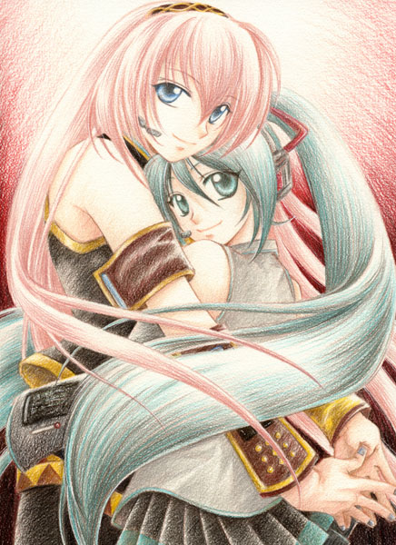 marimo (pixiv494401), marimon, hatsune miku, megurine luka, vocaloid, colored pencil (medium), traditional media, 2girls, aqua eyes, aqua hair, armband, bare shoulders, blue eyes, detached sleeves, female focus, fingernails, grey nails, hair between eyes, hairband, headphones, headset, hug, long hair, looking at viewer, looking back, multiple girls, nail (hardware), nail polish, pink hair, pleated skirt, skirt, sleeveless, smile, twintails, very long hair, yuri