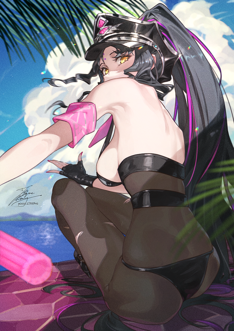 fadingz, sessyoin kiara, sessyoin kiara (swimsuit mooncancer) (second ascension), fate/grand order, fate (series), 1girl, beach, bikini, black bikini, black gloves, black hair, fingerless gloves, from behind, gloves, hat, high ponytail, looking at viewer, multicolored hair, palm tree, peaked cap, pink hair, ponytail, signature, sitting, solo, streaked hair, swimsuit, traffic baton, tree, yellow eyes
