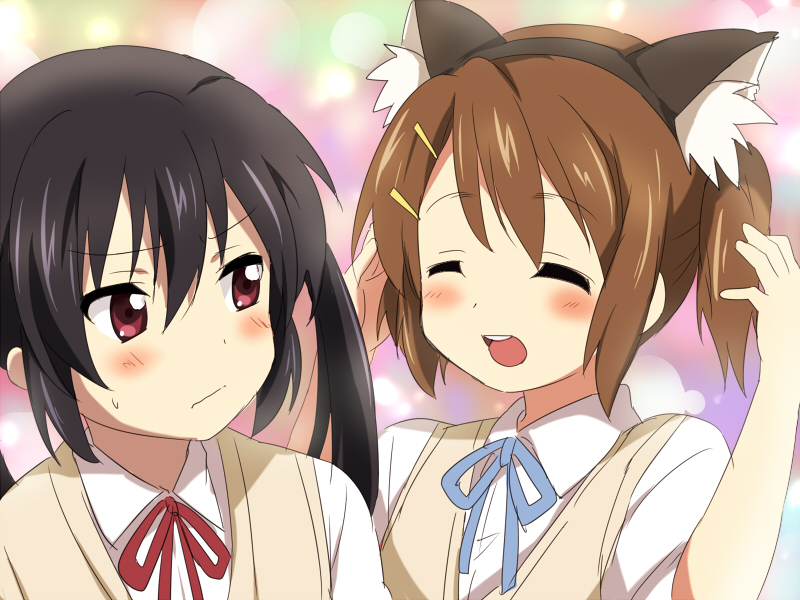 maruki (punchiki), hirasawa yui, nakano azusa, k-on!, bad id, bad pixiv id, 00s, 2girls, animal ears, brown eyes, brown hair, cat ears, closed eyes, long hair, multiple girls, neck ribbon, red ribbon, ribbon, school uniform, short hair, twintails