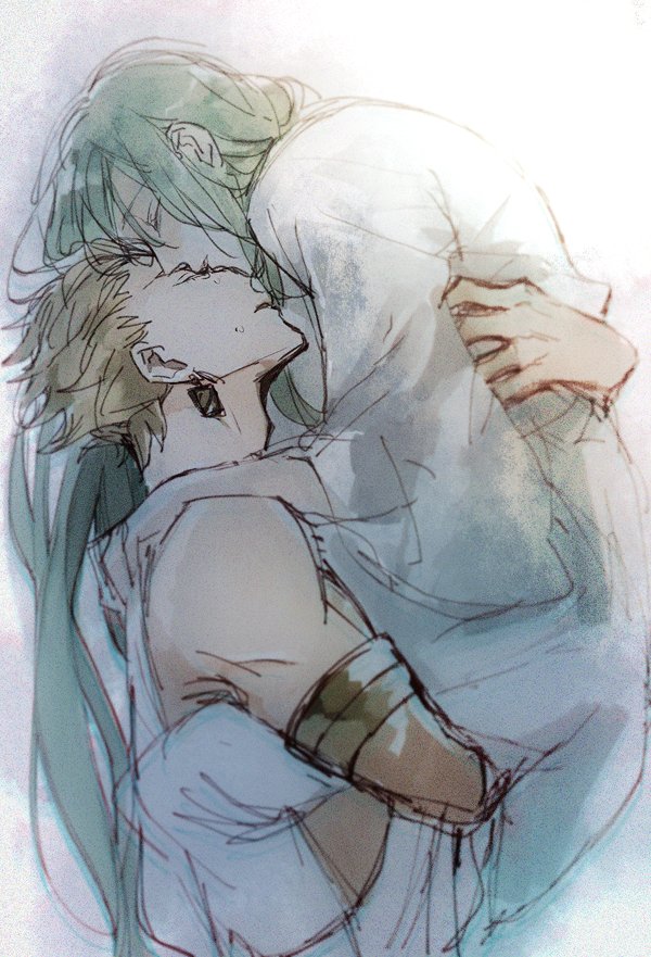 rata to, enkidu (fate), gilgamesh (fate), fate/strange fake, fate (series), gold armlet, commentary request, 1boy, 1other, armlet, blonde hair, earrings, green hair, hug, jewelry, long hair, simple background, very long hair, white background