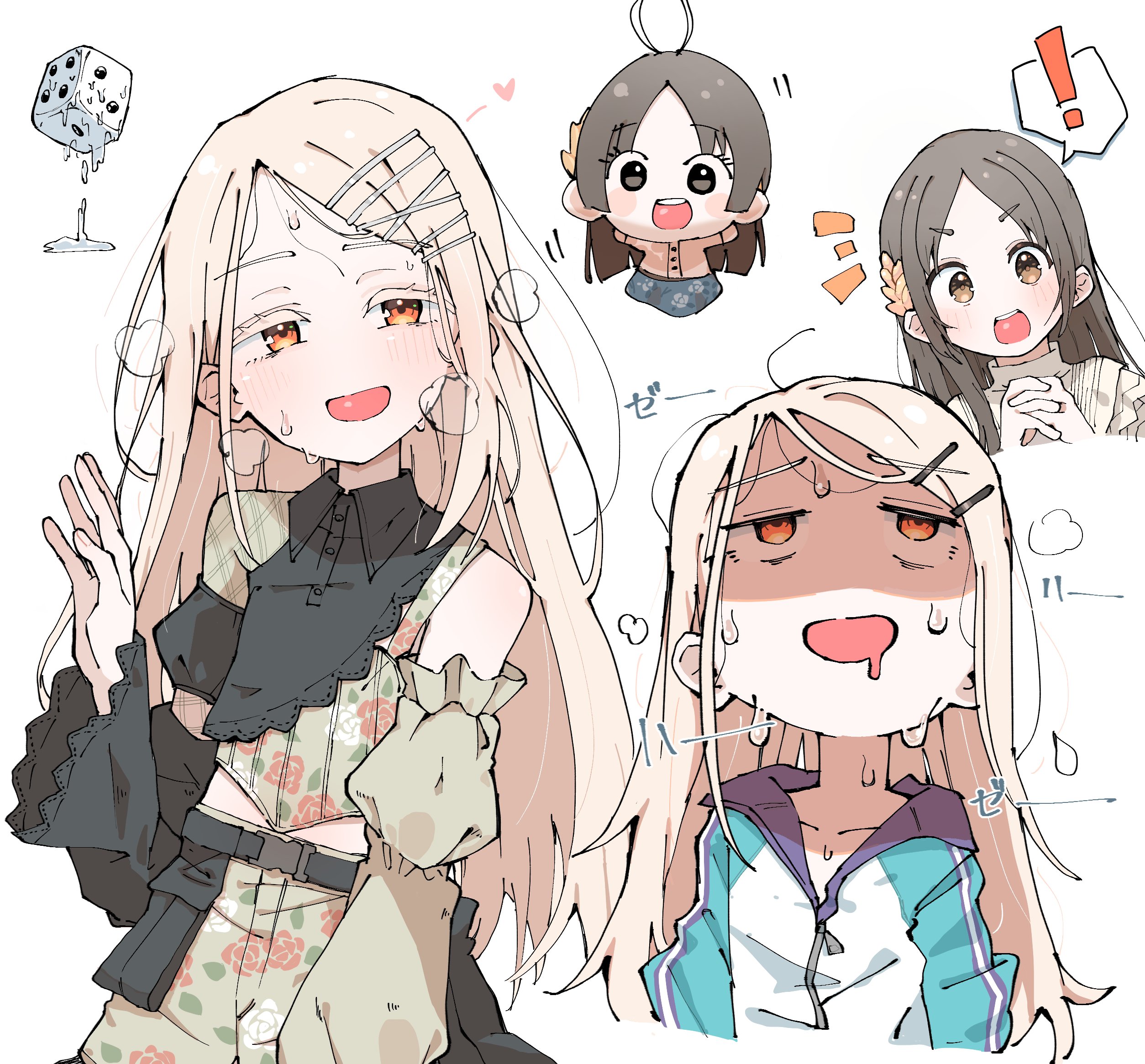 yakiniku-joan., kuramoto china, shinosawa hiro, gakuen idolmaster, idolmaster, commentary request, highres, 2girls, blonde hair, blush, brown eyes, brown hair, collared shirt, dice, forehead, hair ornament, hairclip, long hair, long sleeves, looking at viewer, multiple girls, open mouth, orange eyes, parted bangs, shirt, simple background, smile, steam, steaming body, sweat, upper body, white background