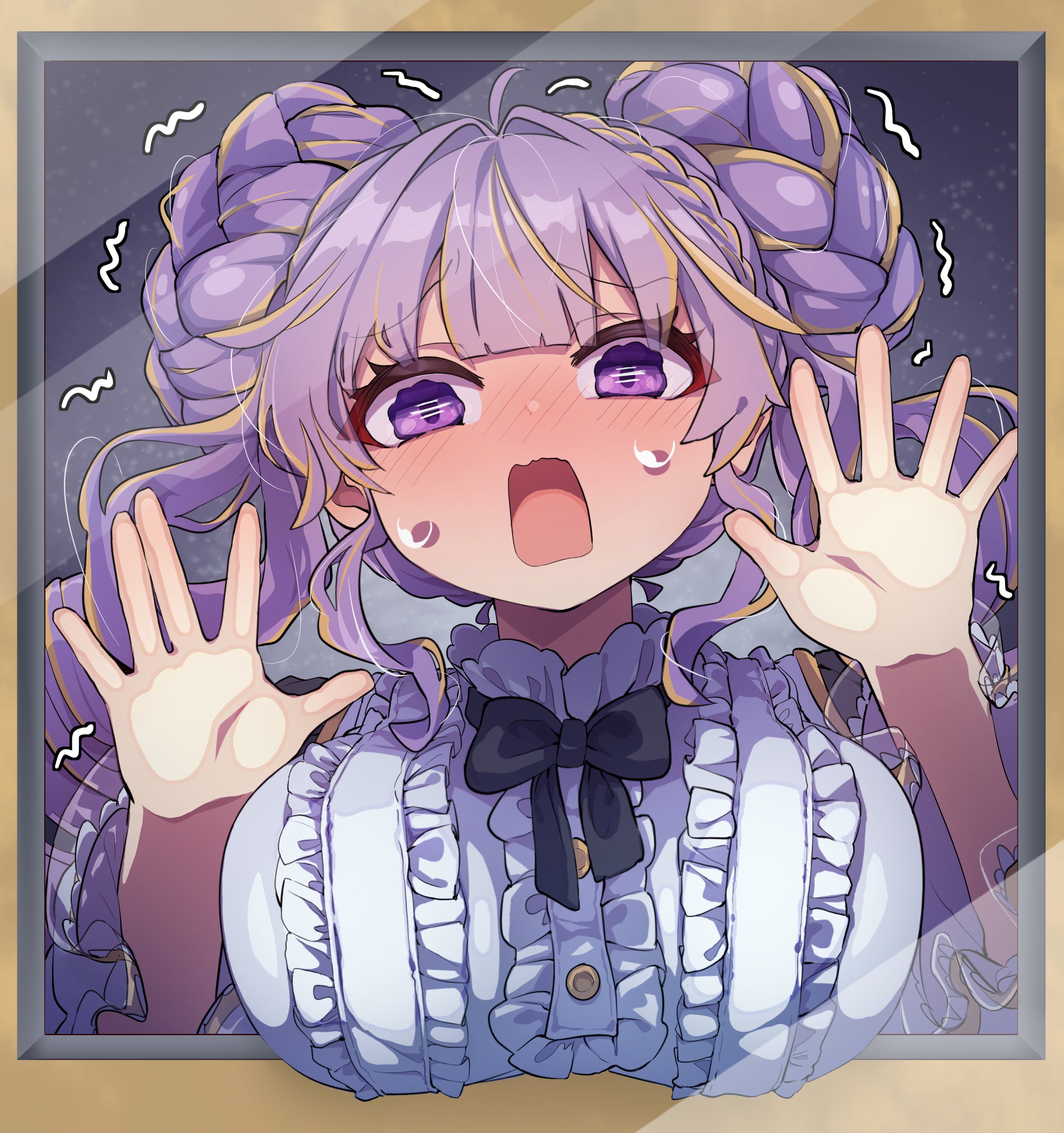 c civciv, selettrice vaalmonica, yu-gi-oh!, absurdres, highres, 1girl, against glass, blonde hair, blush, border, breasts, brown border, double bun, drill hair, duel monster, hair bun, large breasts, multicolored hair, purple eyes, purple hair, shirt, solo, tears, twin drills, two-tone hair, upper body, white shirt