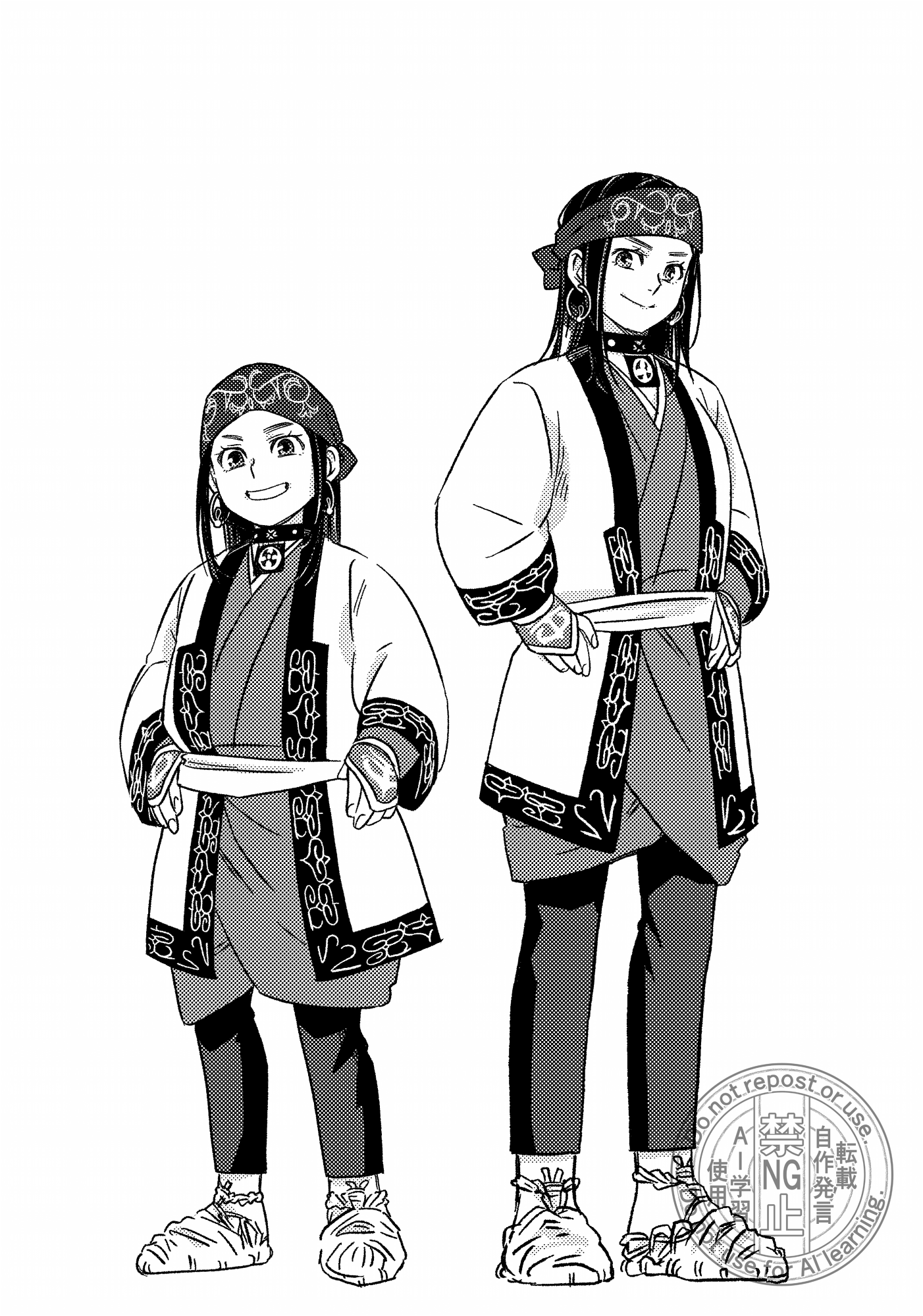 moonlight 0423, asirpa, golden kamuy, commentary request, highres, 2girls, aged up, ainu clothes, dual persona, earrings, greyscale, grin, hands on own hips, headband, hoop earrings, jewelry, monochrome, multiple girls, shoes, smile, watermark