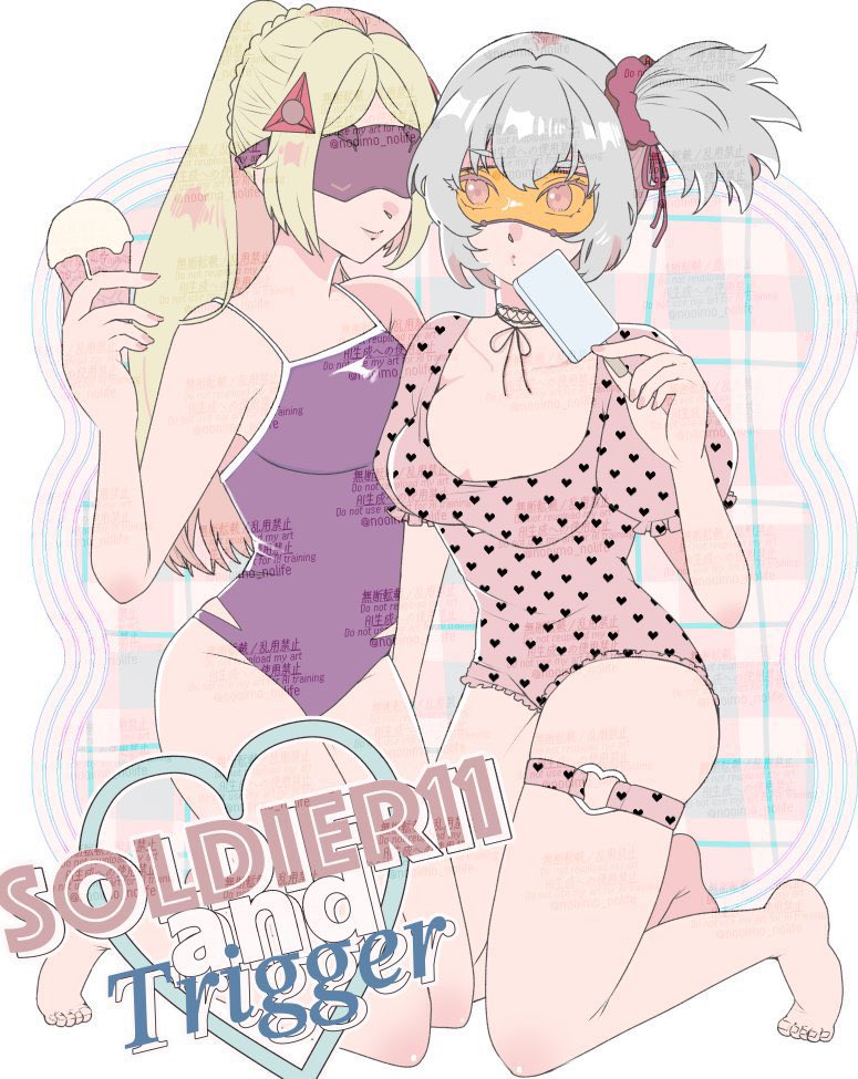 fujishima (oimo uma2), soldier 11 (zenless zone zero), trigger (zenless zone zero), zenless zone zero, 2girls, alternate costume, barefoot, blindfold, blonde hair, closed mouth, feet, fingernails, food, full body, goggles, hair between eyes, heart, holding, holding food, holding ice cream, ice cream, long hair, looking at another, multiple girls, ponytail, side ponytail, sidelocks, smile, white hair, yuri