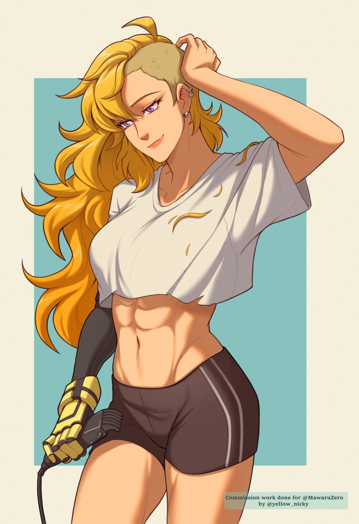 yellow nicky, yang xiao long, rwby, commentary, commission, english commentary, highres, 1girl, abs, alternate costume, alternate hairstyle, asymmetrical hair, black shorts, blonde hair, breasts, closed mouth, commissioner name, cowboy shot, crop top, ear piercing, earrings, english text, eyelashes, hair clipper, hand on own head, holding hair clipper, jewelry, lips, long hair, mechanical arms, midriff, muscular, muscular female, navel, piercing, purple eyes, severed hair, shirt, short sleeves, shorts, sidecut, simple background, single mechanical arm, smile, solo, toned, toned female, twitter username, undercut, white shirt