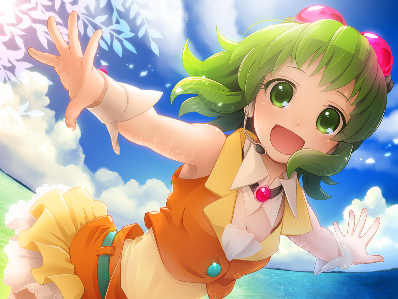 koyama kariko, gumi, vocaloid, 1girl, cloud, day, female focus, goggles, green eyes, green hair, headset, leaf, matching hair/eyes, ocean, outdoors, outstretched arms, sky, solo, spread arms, wrist cuffs