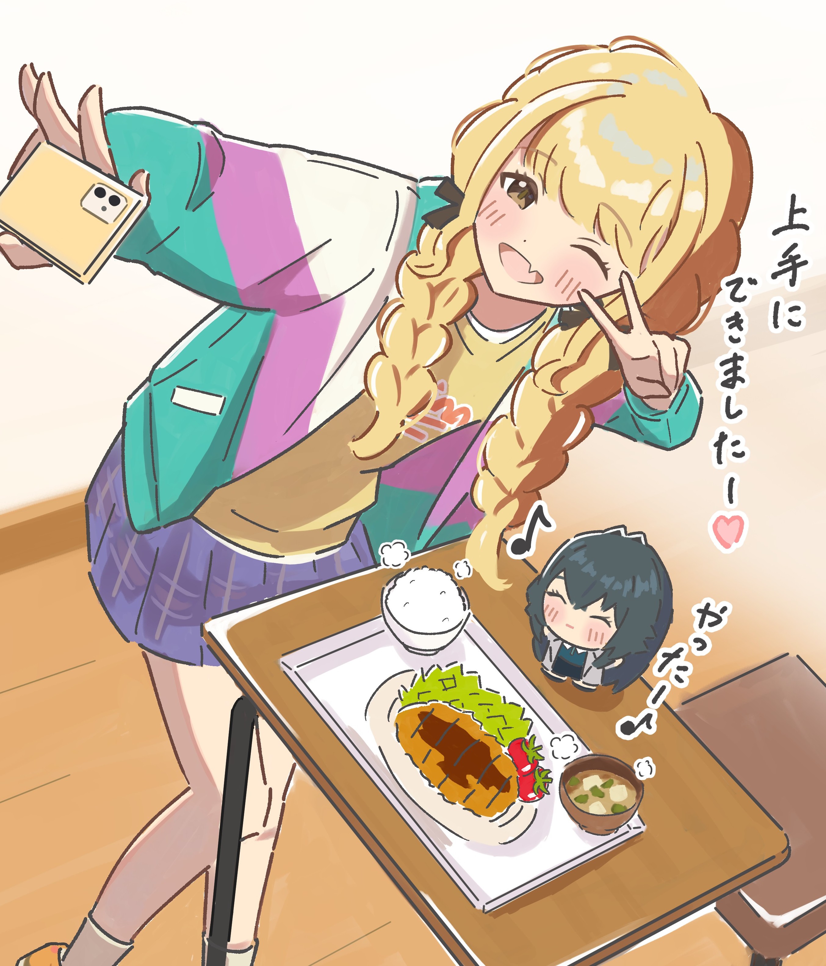 ponsuke2700, fujita kotone, tsukimura temari, gakuen idolmaster, idolmaster, absurdres, commentary request, highres, 2girls, black hair, black ribbon, bowl, braid, cellphone, chibi, chibigurumi, green jacket, hair ribbon, holding, holding phone, jacket, katsu curry, long hair, low twin braids, miniskirt, miso soup, multicolored jacket, multiple girls, on table, open clothes, open jacket, phone, plaid clothes, plaid skirt, pleated skirt, purple jacket, purple skirt, ribbon, rice, rice bowl, selfie, shirt, skirt, smartphone, standing, t-shirt, table, twin braids, yellow shirt