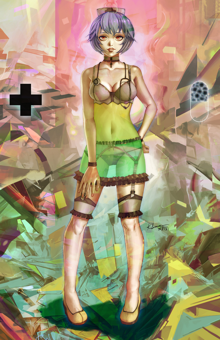 mila the mute, ayanami rei, neon genesis evangelion, blue hair, bra, choker, hand on own hip, hat, hip focus, lingerie, nurse cap, panties, red eyes, short hair, solo, stethoscope, underwear