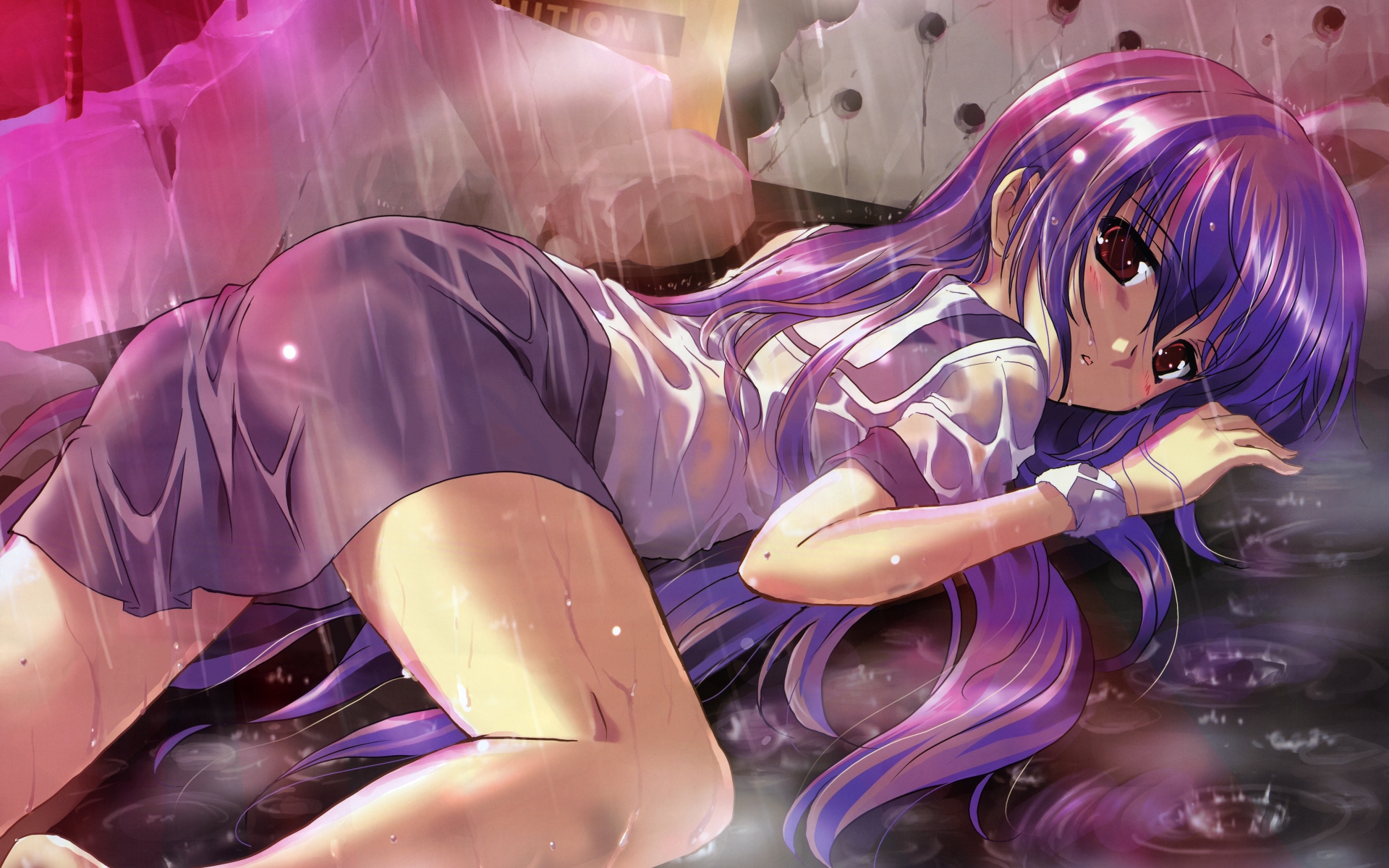 komatsu eiji, iriya kana, iriya no sora ufo no natsu, highres, 00s, 1girl, female focus, hair spread out, purple hair, rain, school uniform, solo, wet