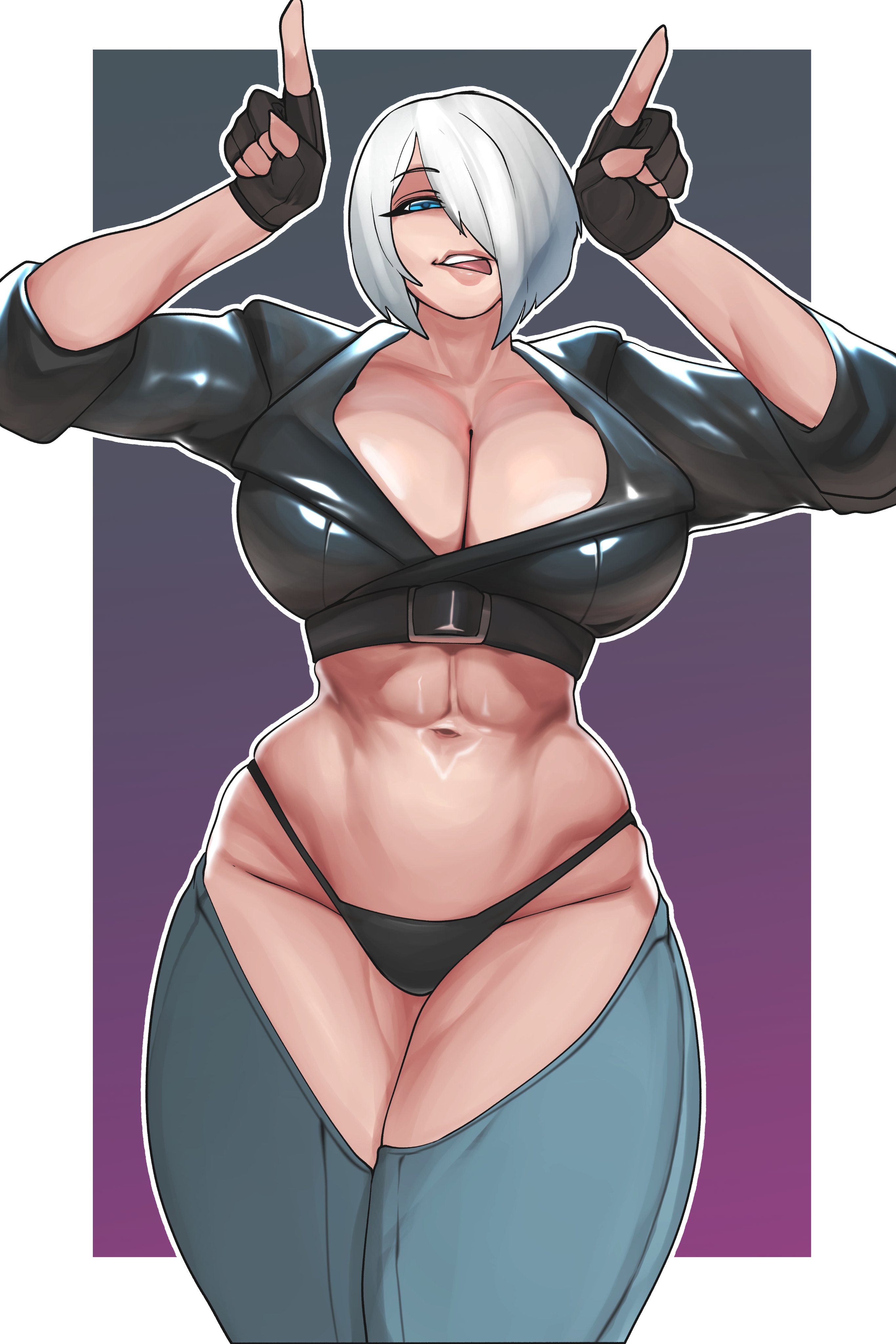 brothbowl, angel (kof), the king of fighters, 1girl, blue eyes, breasts, female focus, gloves, hands up, huge breasts, jacket, large breasts, leather, licking, looking at viewer, pale skin, panties, shiny clothes, shiny skin, short hair, smile, standing, thick thighs, thighs, tongue, tongue out, underwear, white hair